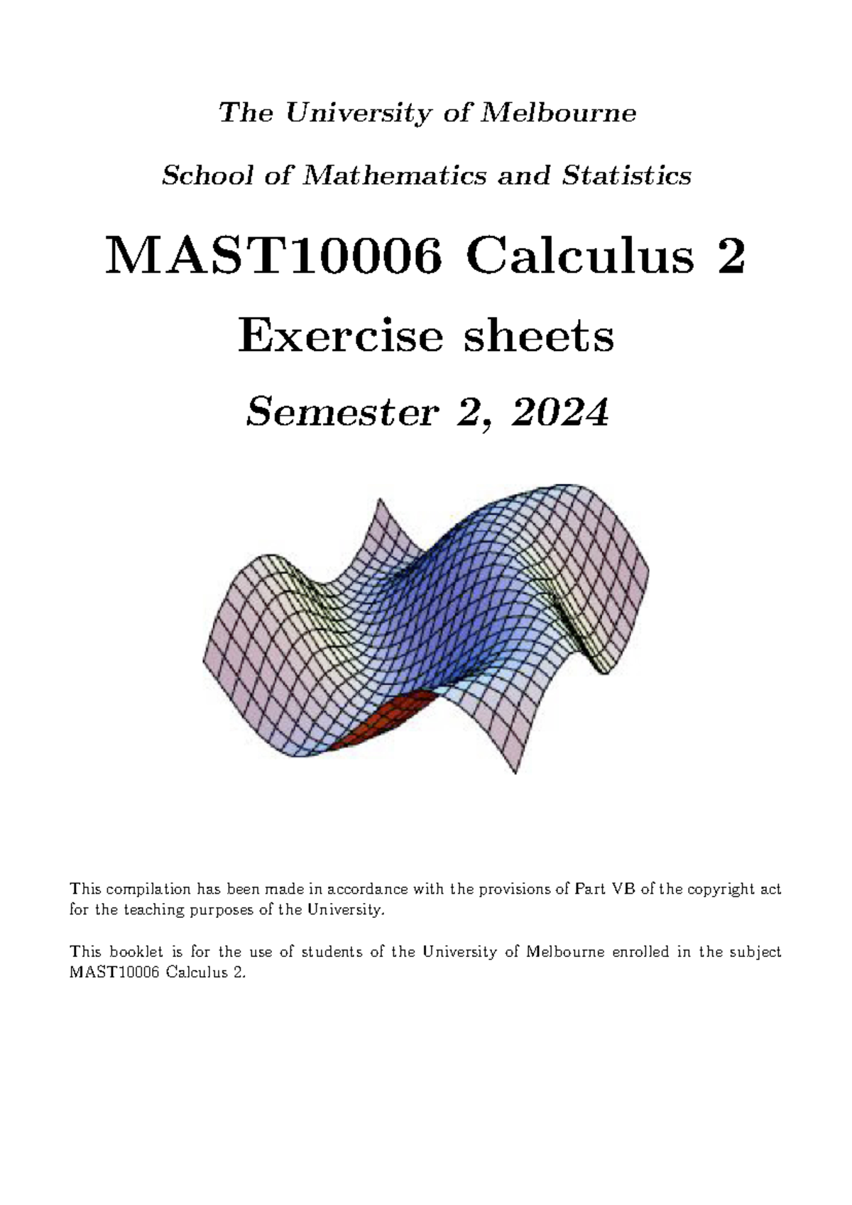 Calculus 2 exercise sheets 2024 - The University of Melbourne School of ...