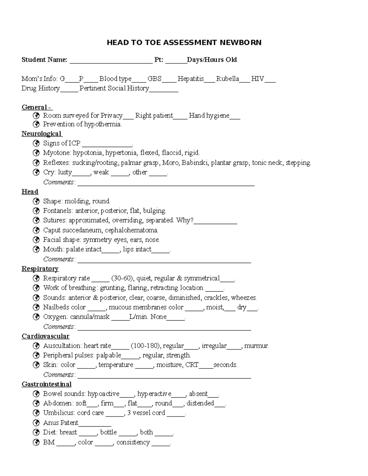 Assessment Competency Form Newborn) - HEAD TO TOE ASSESSMENT NEWBORN ...