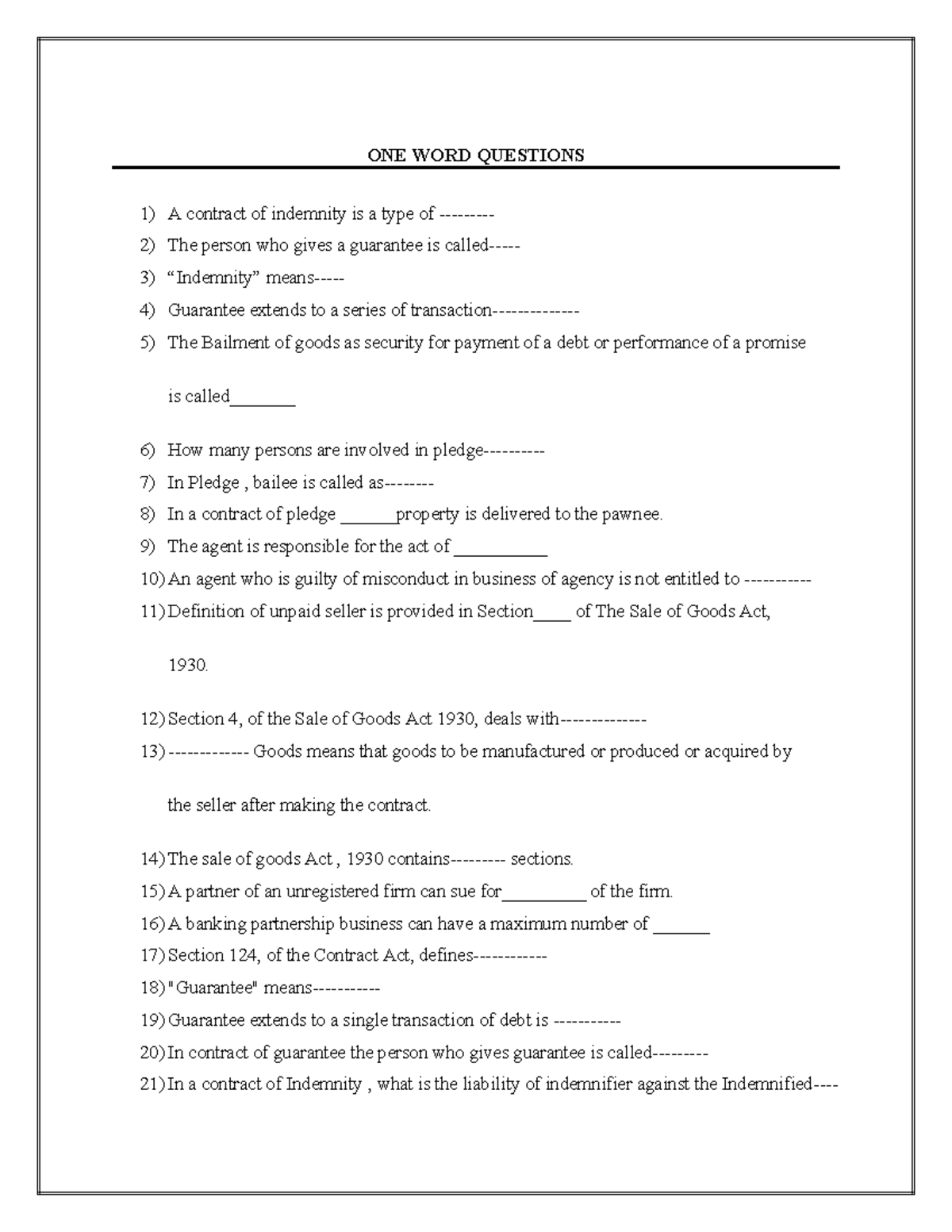 Special contract one word questions (1) (1) - ONE WORD QUESTIONS 1) A ...