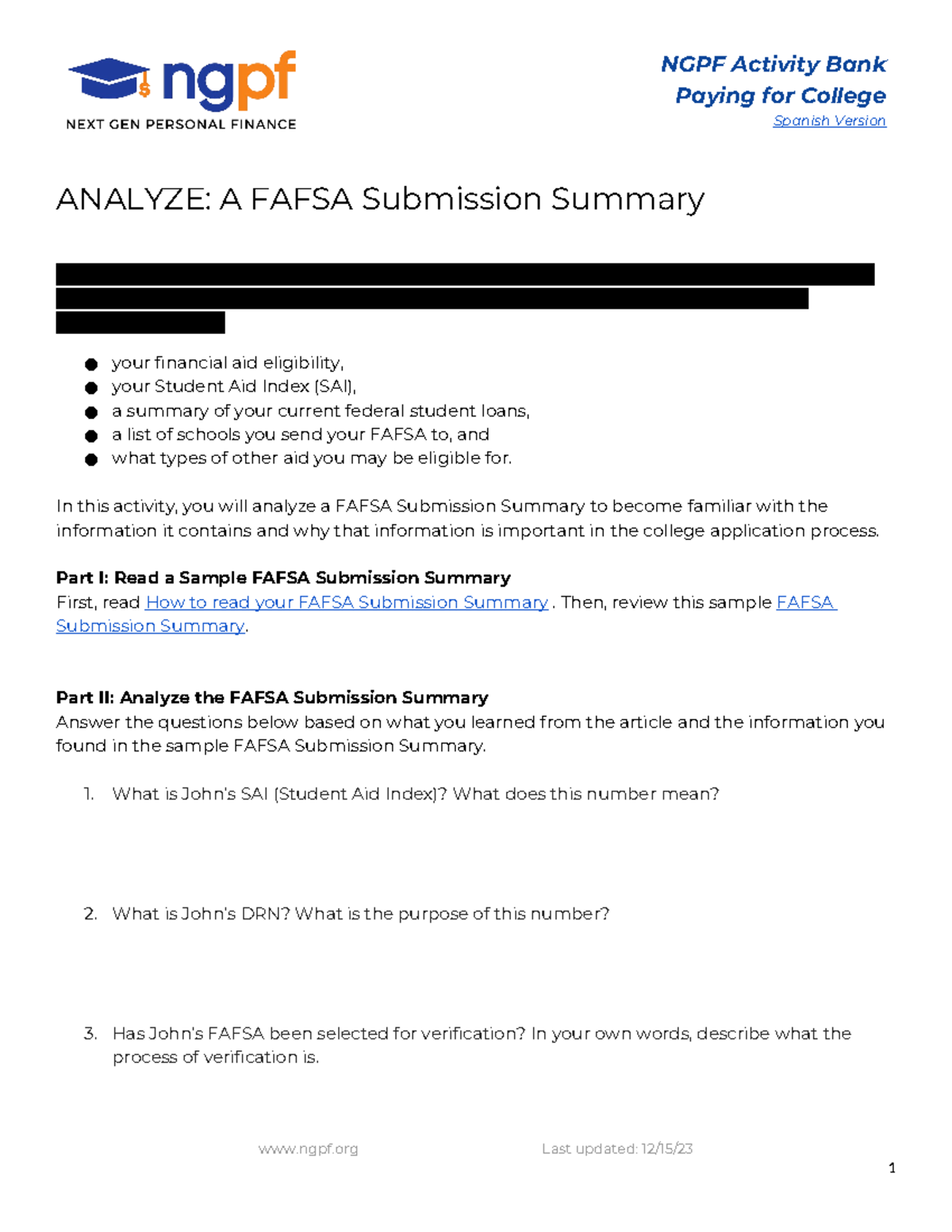 Analyze A Fafsa Submission Summary - NGPF Activity Bank Paying for ...