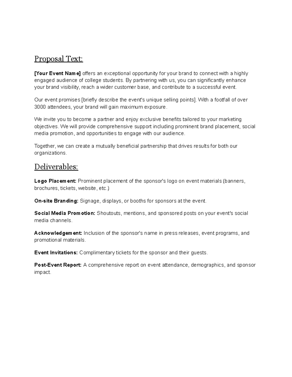 Sponorship proposal generic - Proposal Text: [Your Event Name] offers ...