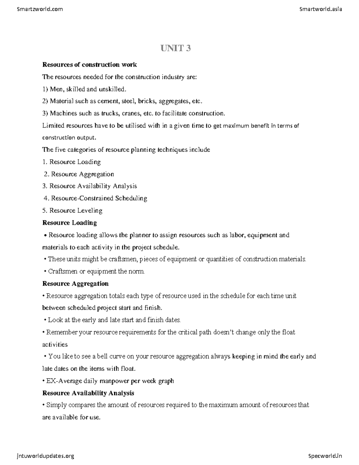 Construction Management U3 UNIT 3 Resources of construction work The