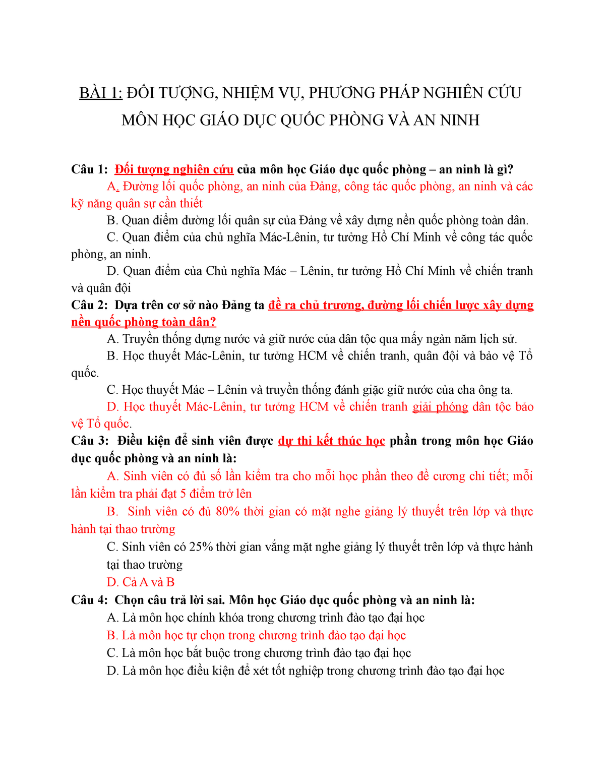 Câu hỏi ôn tập Bài 1&2 - Trắc nghiệm Giáo dục quốc phòng - BÀI 1: ĐỐI TƯỢNG, NHIỆM VỤ, PHƯƠNG PHÁP - StuDocu