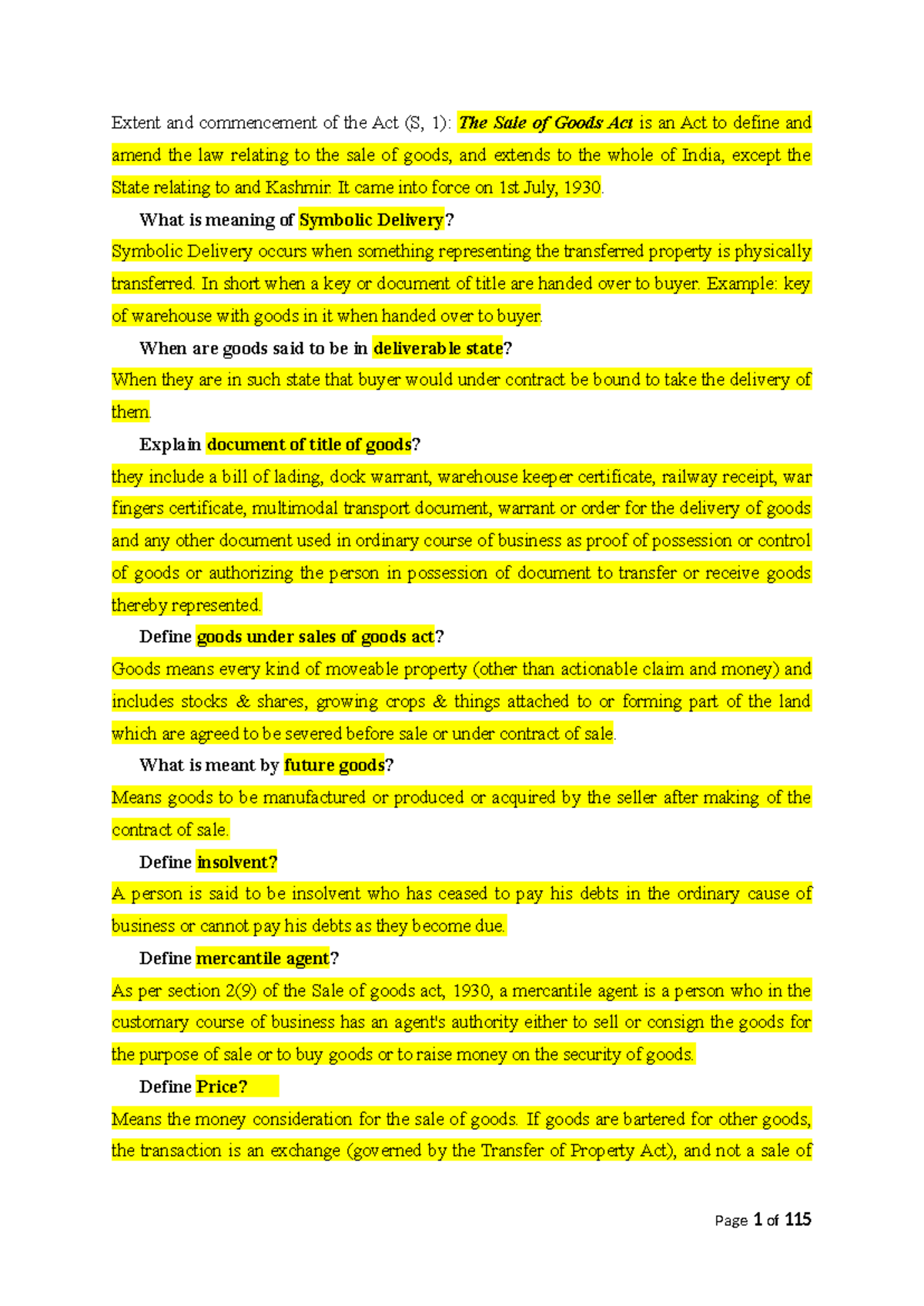Contract Extent and commencement of the Act (S, 1) The Sale of Goods