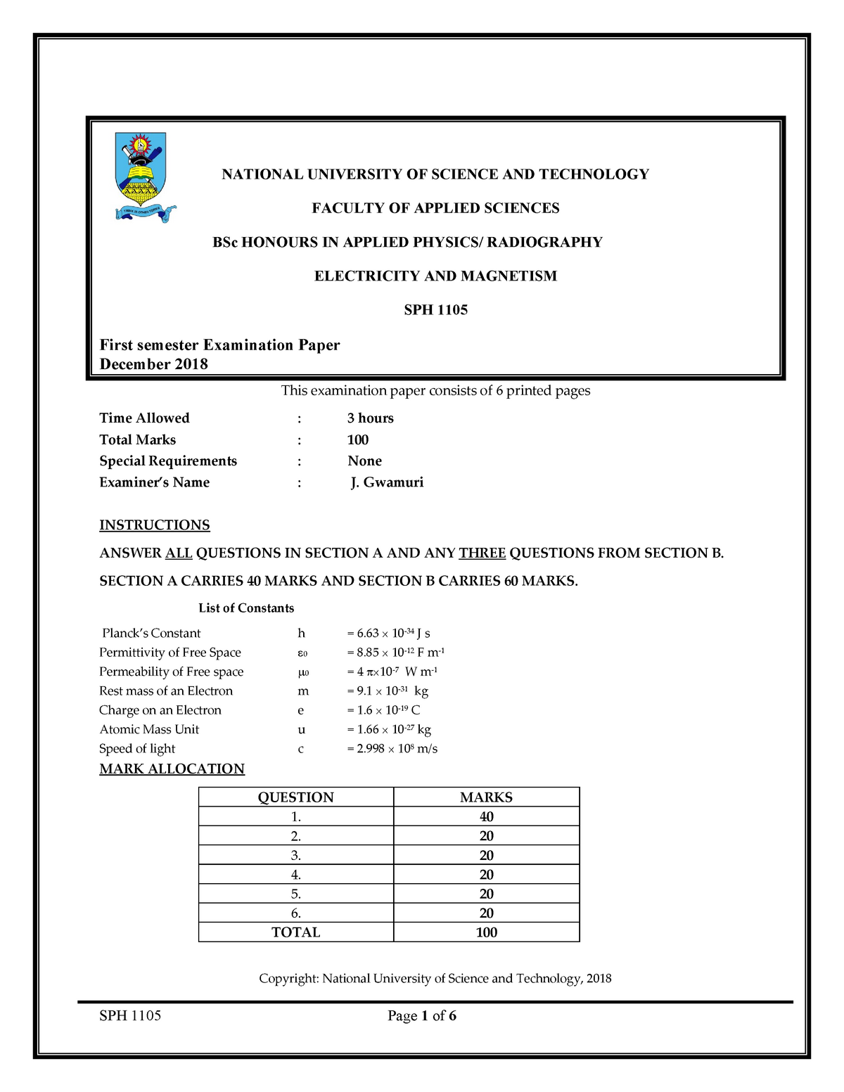 Exam 26 November 2018 - NATIONAL UNIVERSITY OF SCIENCE AND TECHNOLOGY ...