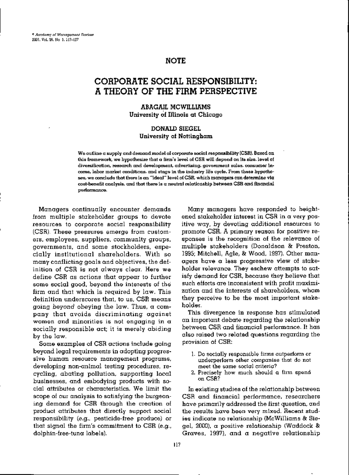 Corporate social responsibility CSR A theory of the firm perspective ...