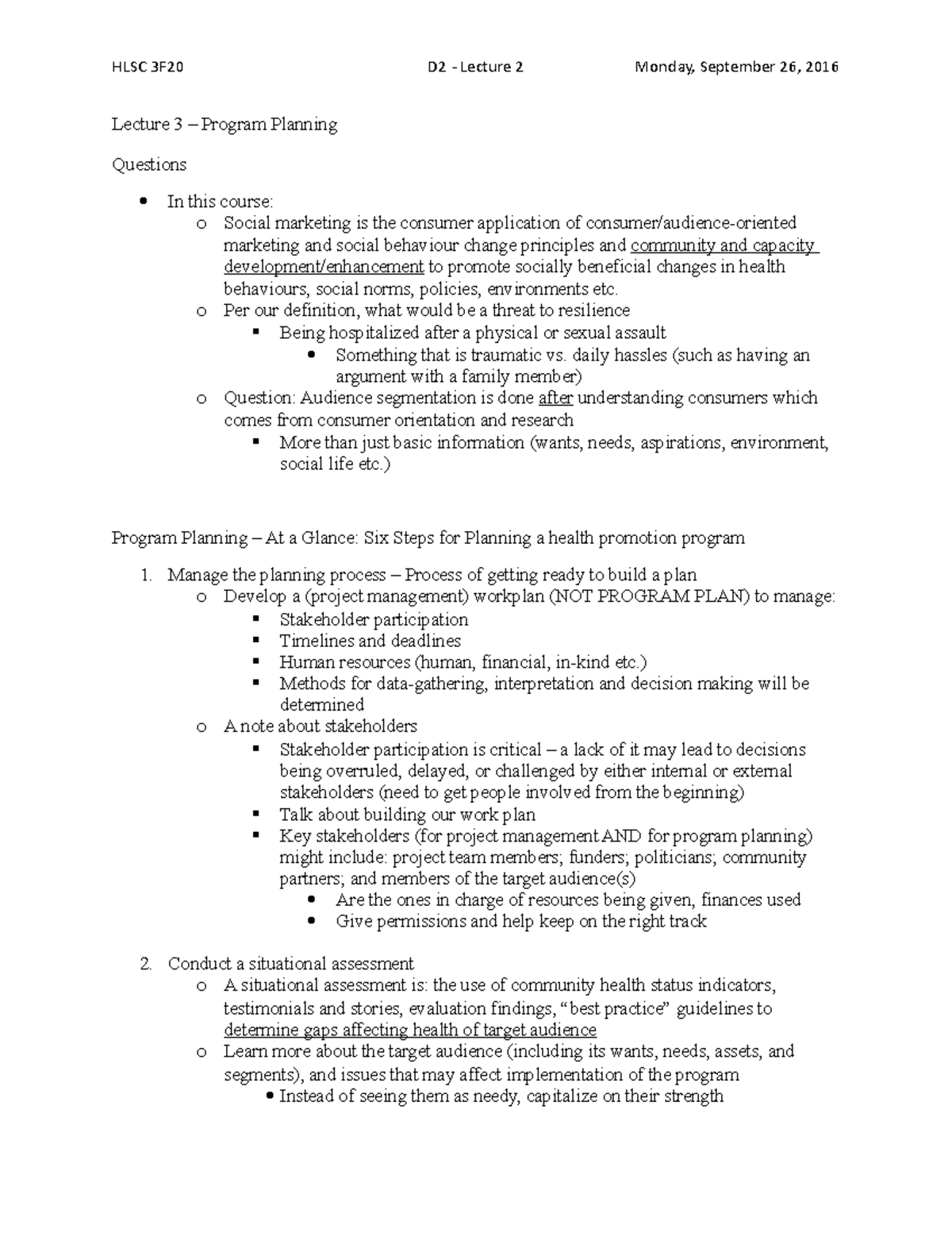 HLSC 3F20 - Lecture 3 - Lecture 3 – Program Planning Questions In this ...