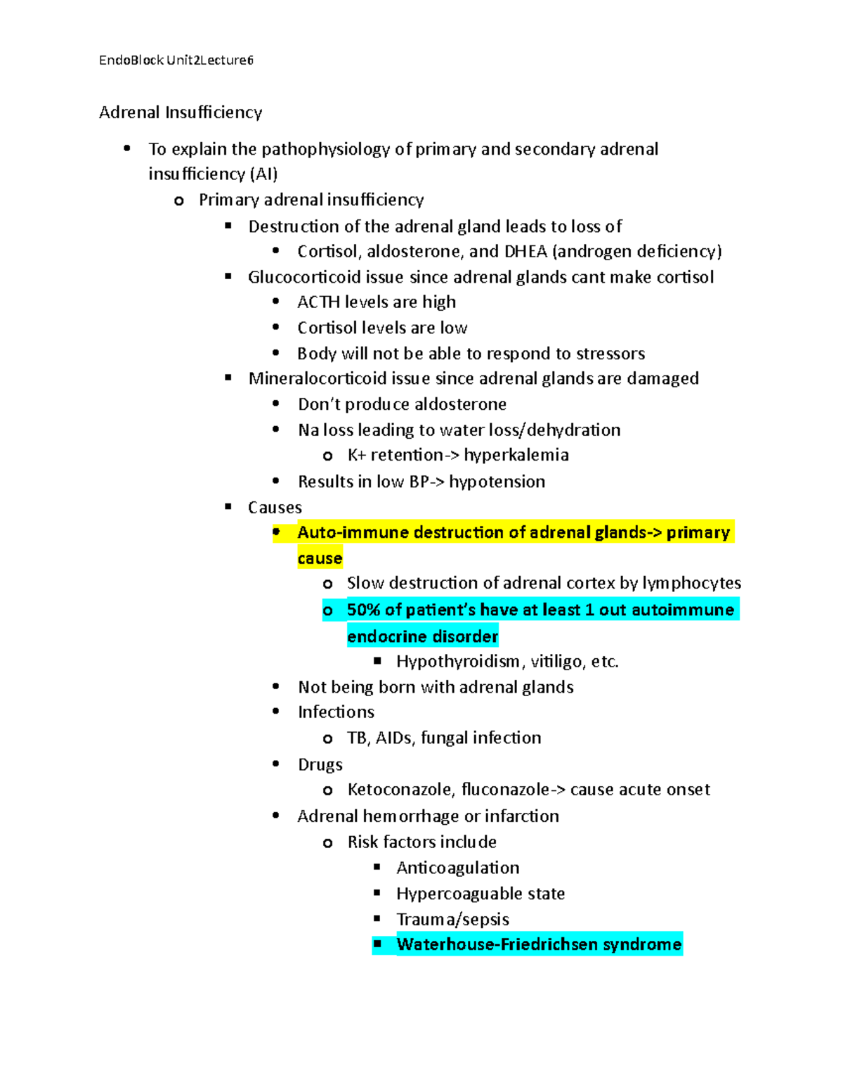 Unit2Lecture 6Adrenal Insufficiency - Adrenal Insufficiency To explain ...