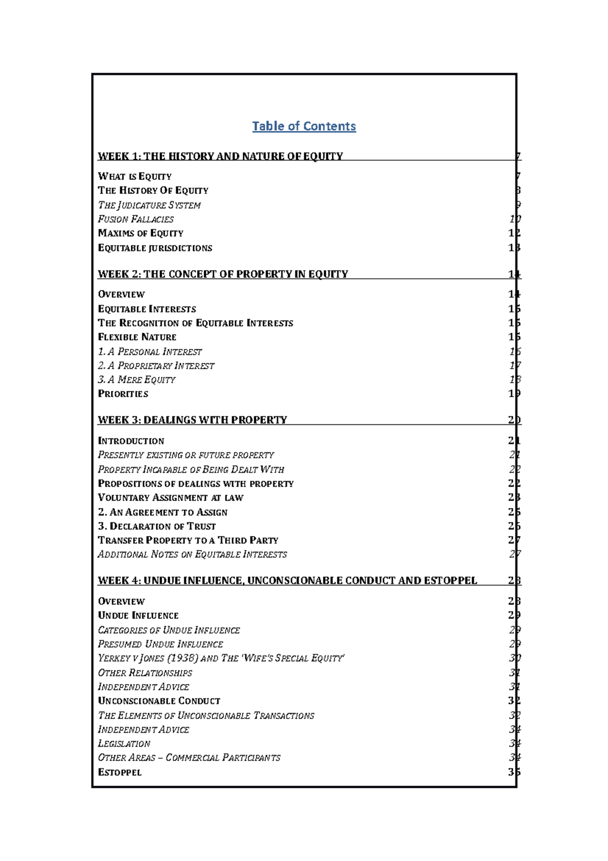 Equity & Trusts Exam Revision Booklet - Table of Contents WEEK 1: THE ...
