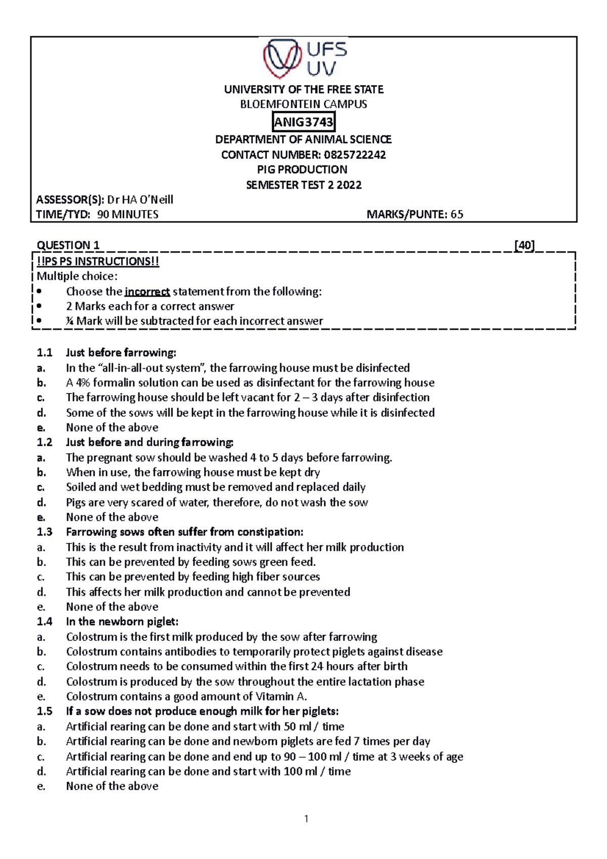ANIG3744 Semester TEST 2 2022 - UNIVERSITY OF THE FREE STATE ...