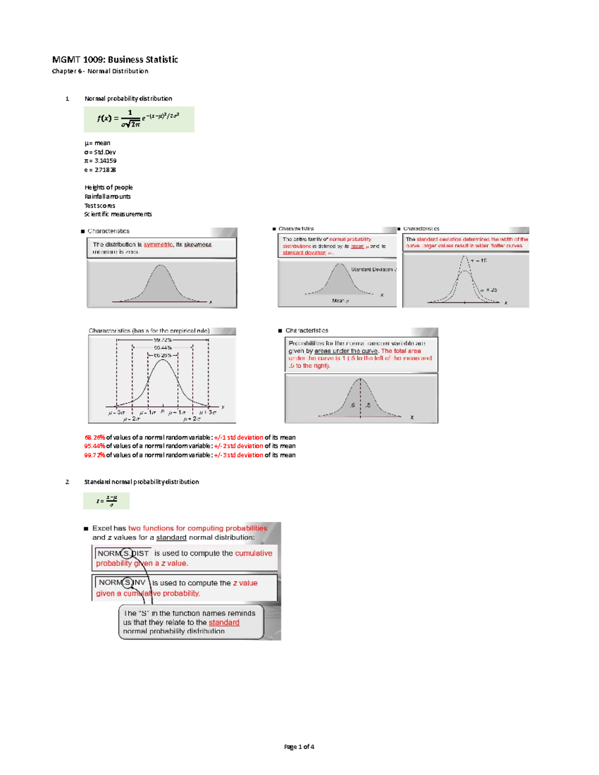 BS - Chapter 6 Summary - Chapter 6 - Normal Distribution 1 Normal ...