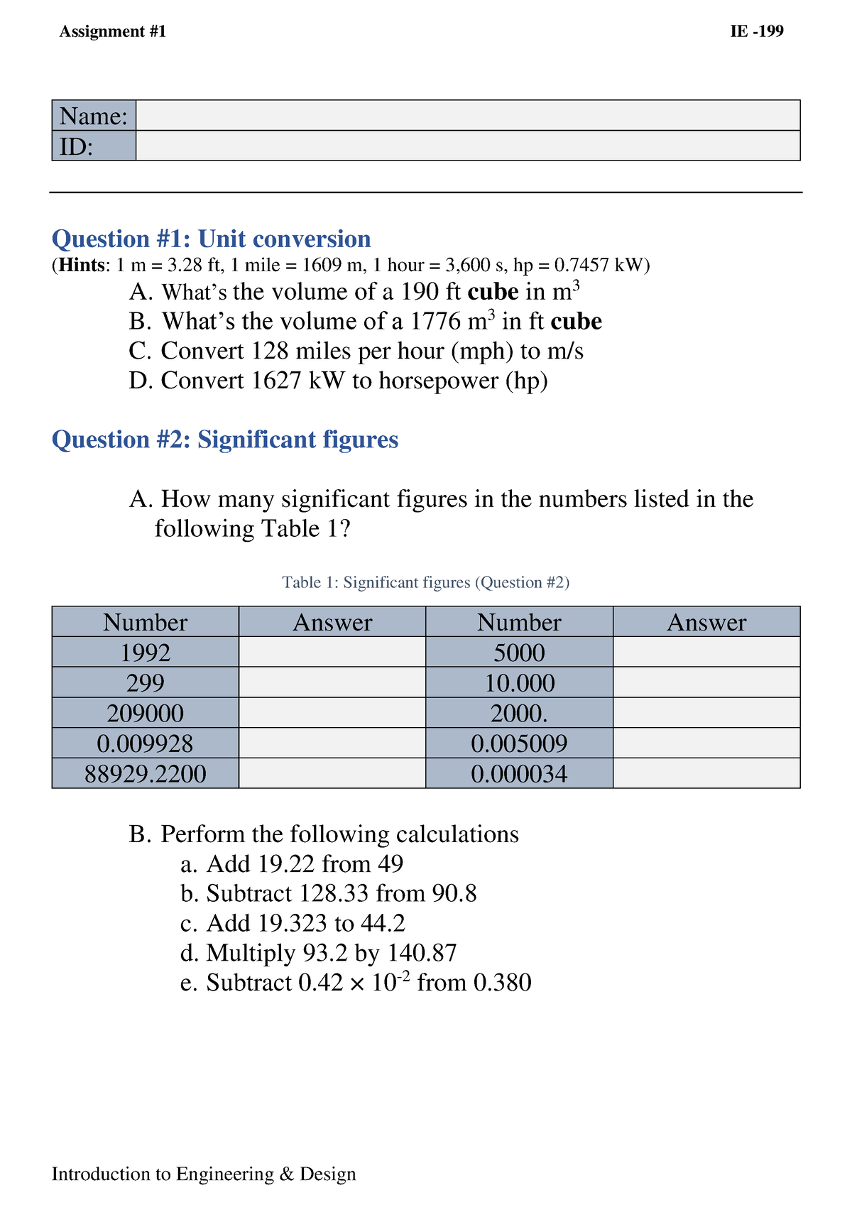 Assignment #1 - Ver B - Assignment #1 IE - Introduction To Engineering ...