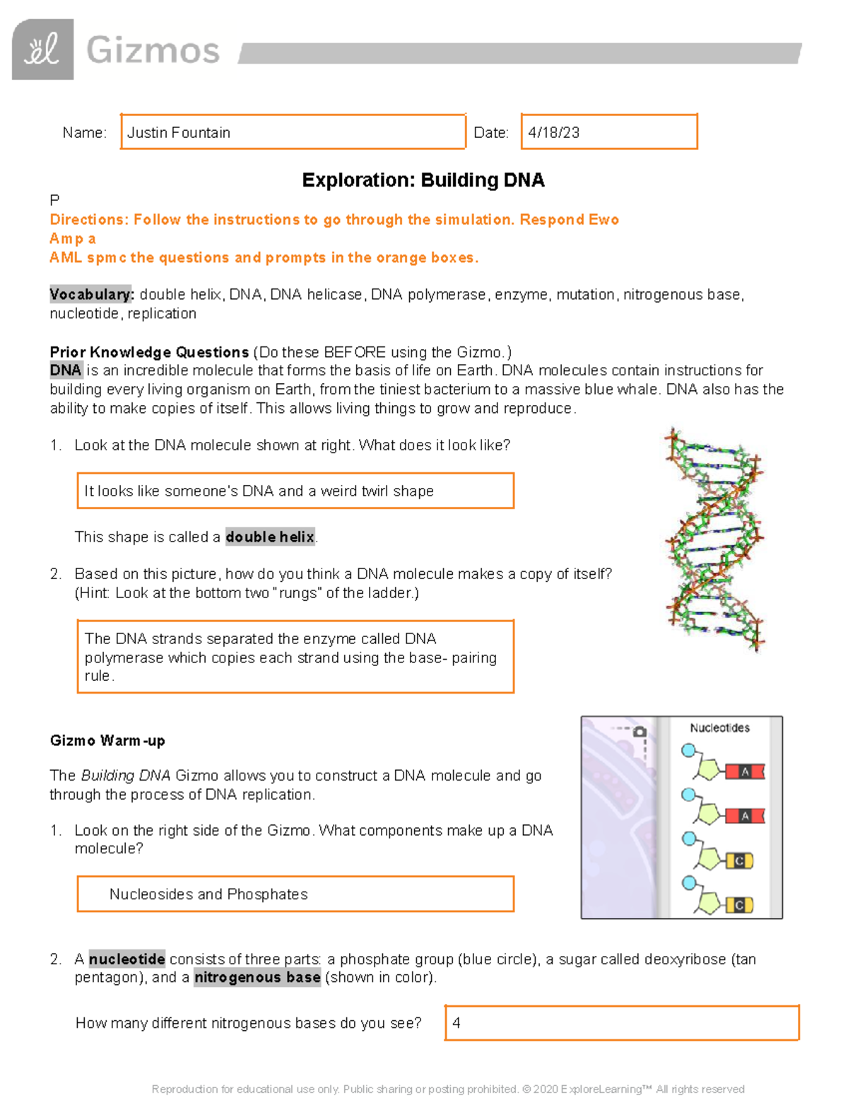 Exploration Building DNA - Name: Justin Fountain Date: 4/18 ...