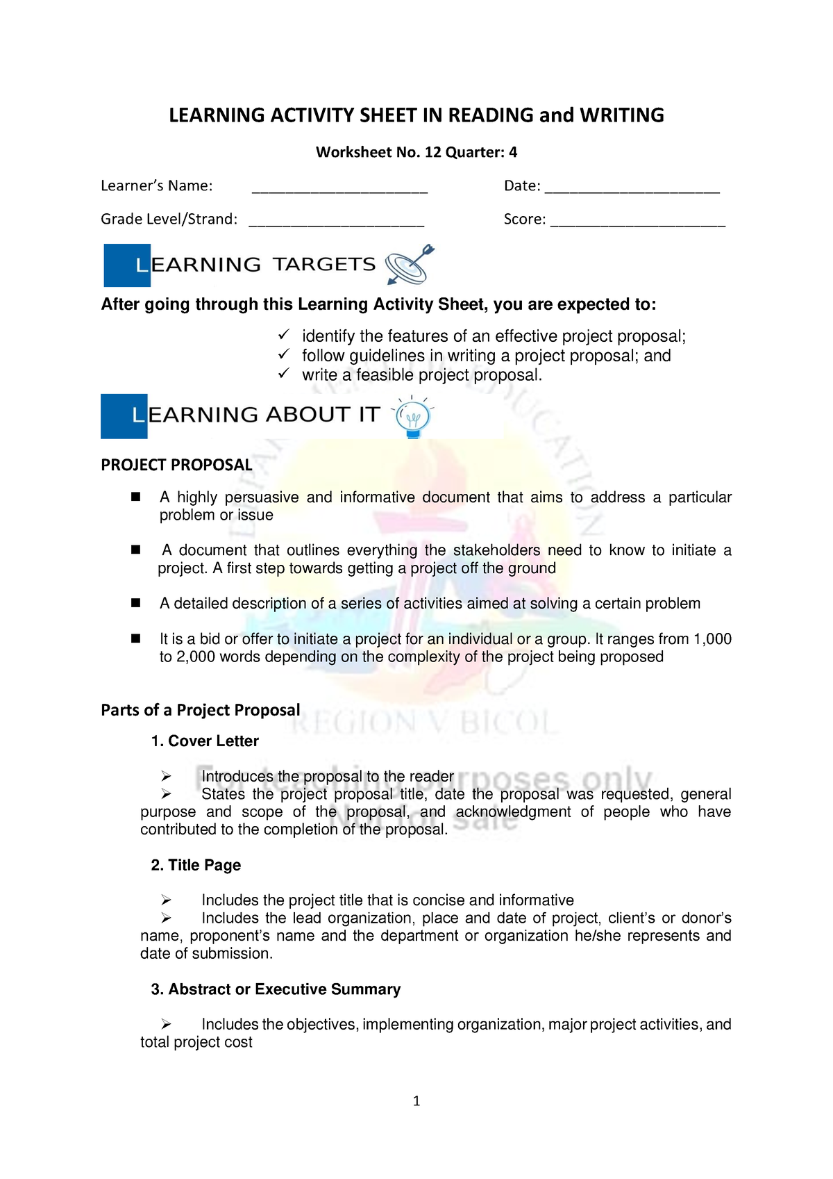 Learning Activity Sheet In Reading And Writing