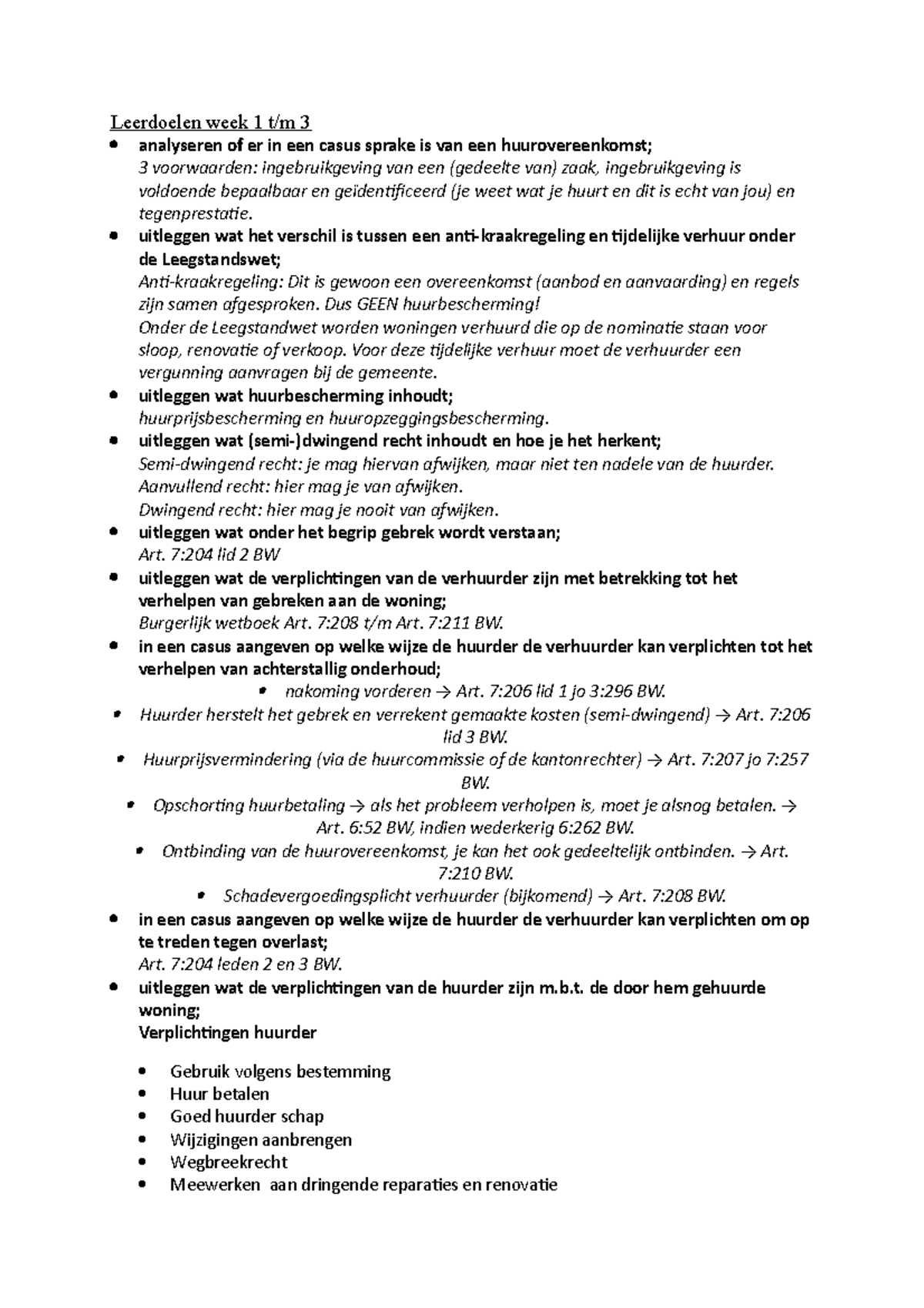 Leerdoelen Week 1 Tm 3 - Samenvatting Huurrecht - Leerdoelen Week 1 3 ...