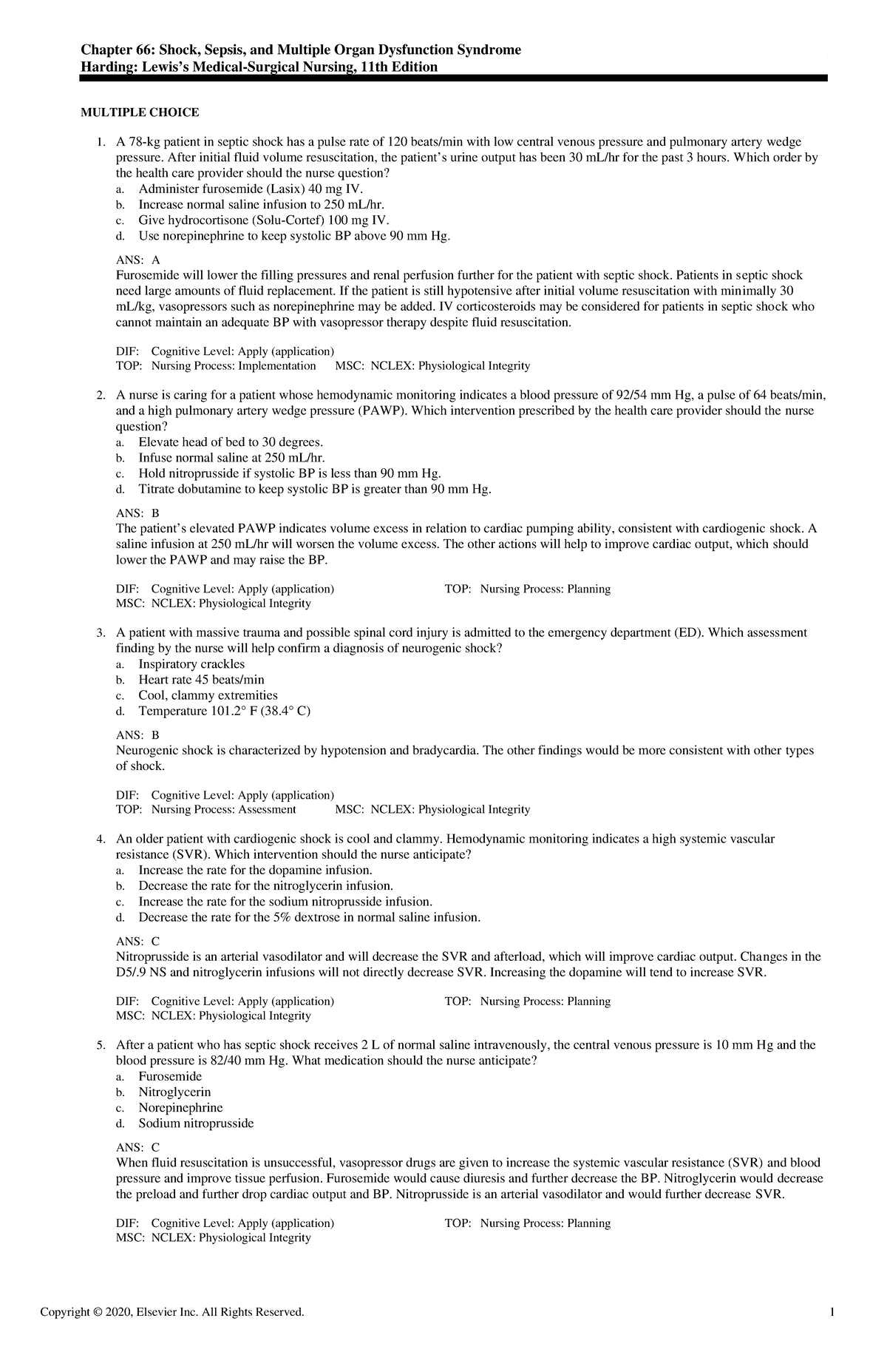 Exam View - CH0066 Harding 11e TB - Chapter 66: Shock, Sepsis, and ...