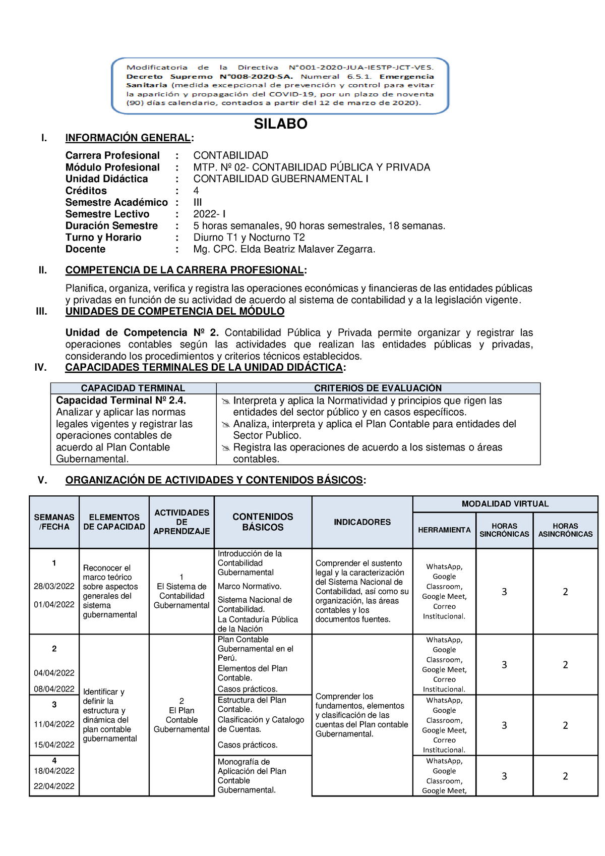 Silabo Contabilidad Gubernamental I - 2022-I OK Malaver - SILABO I ...