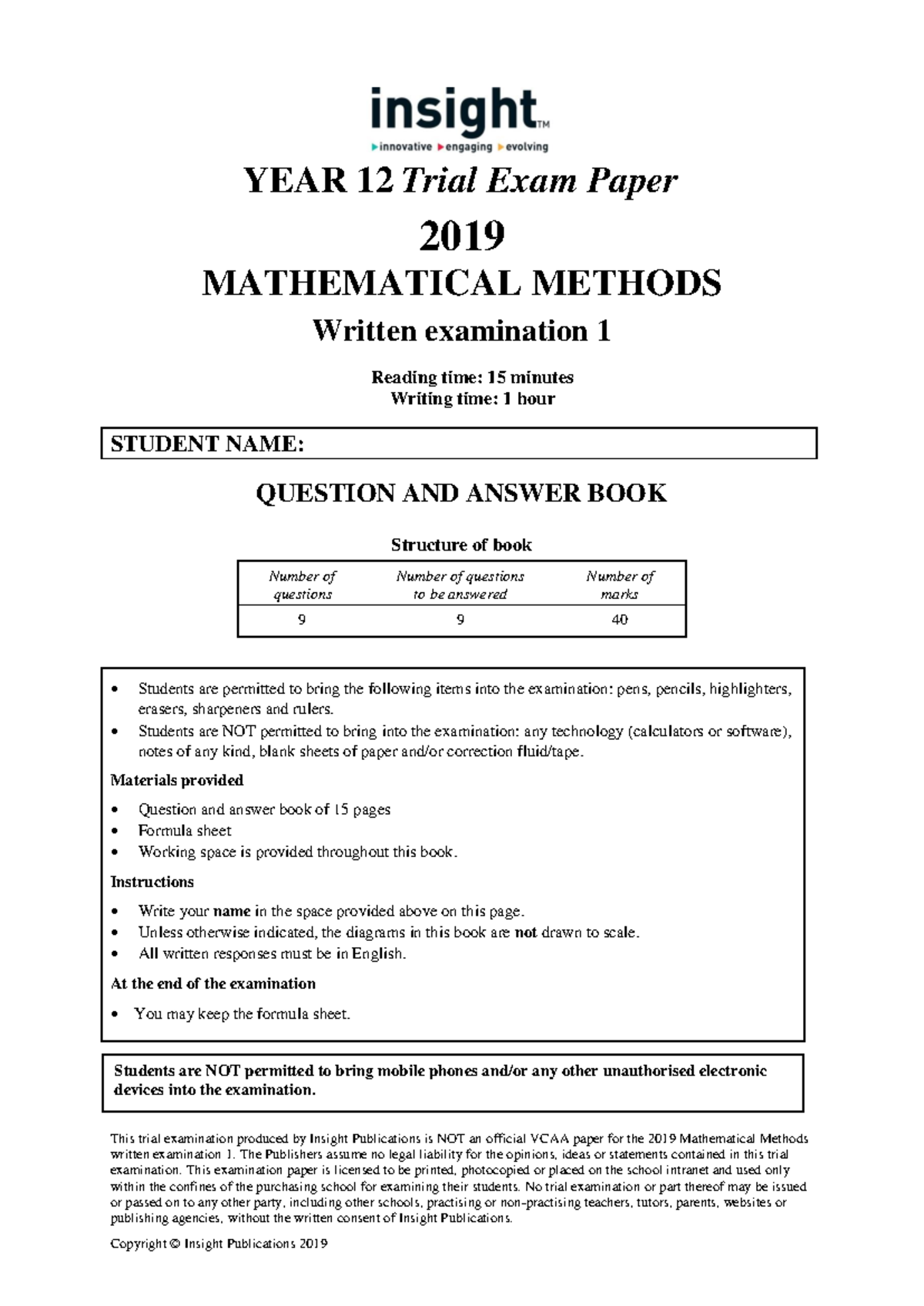 2019 insight exam 1 - This trial examination produced by Insight ...