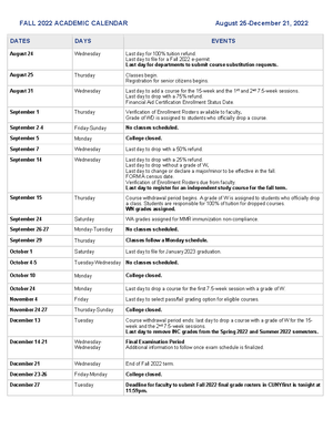 CSI Academic Calendar F22 - FALL 2022 ACADEMIC CALENDAR August 25-December 21, 2022 DATES DAYS - Studocu