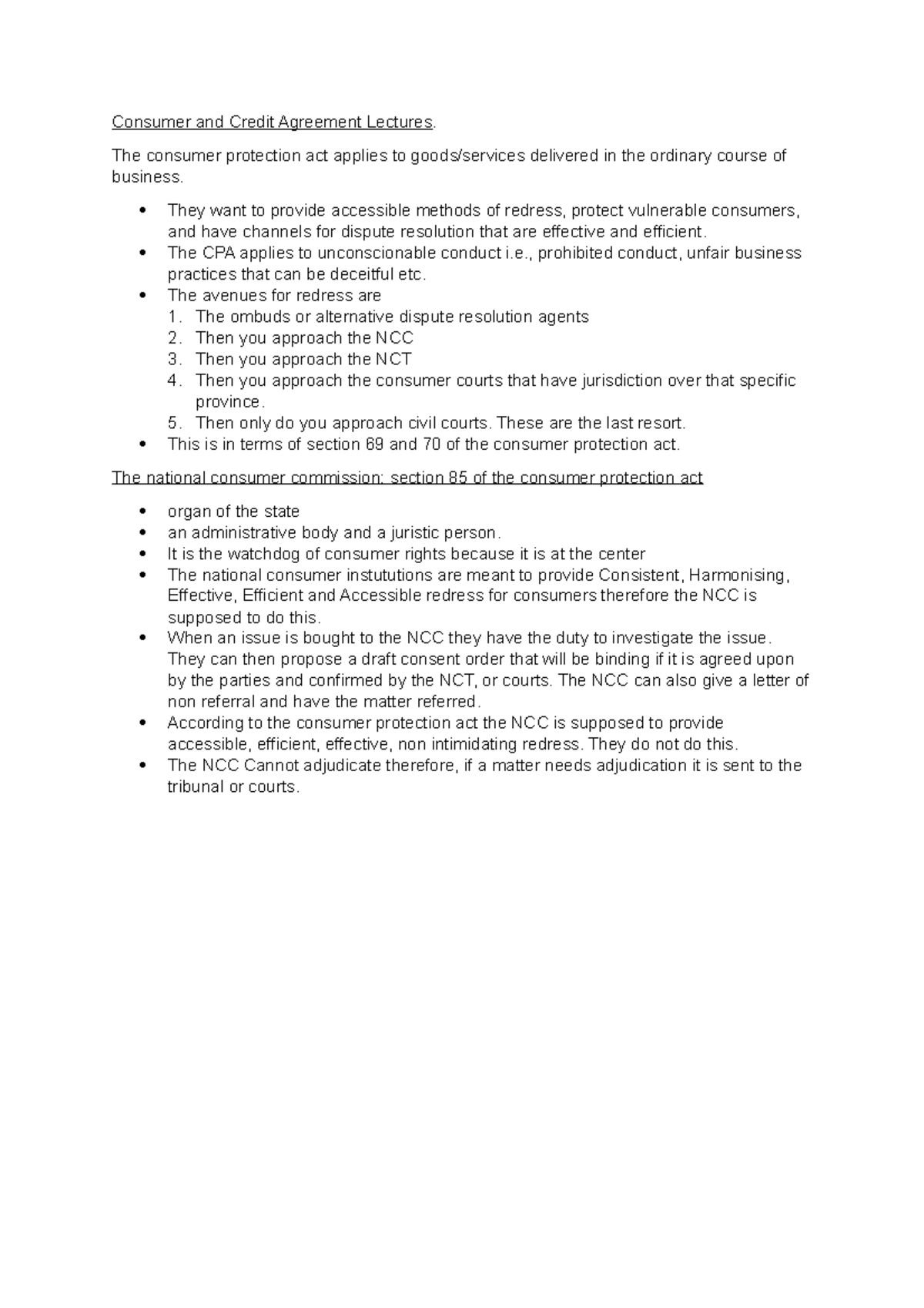 Consumer And Credit Agreement Lecture Notes The Consumer Protection