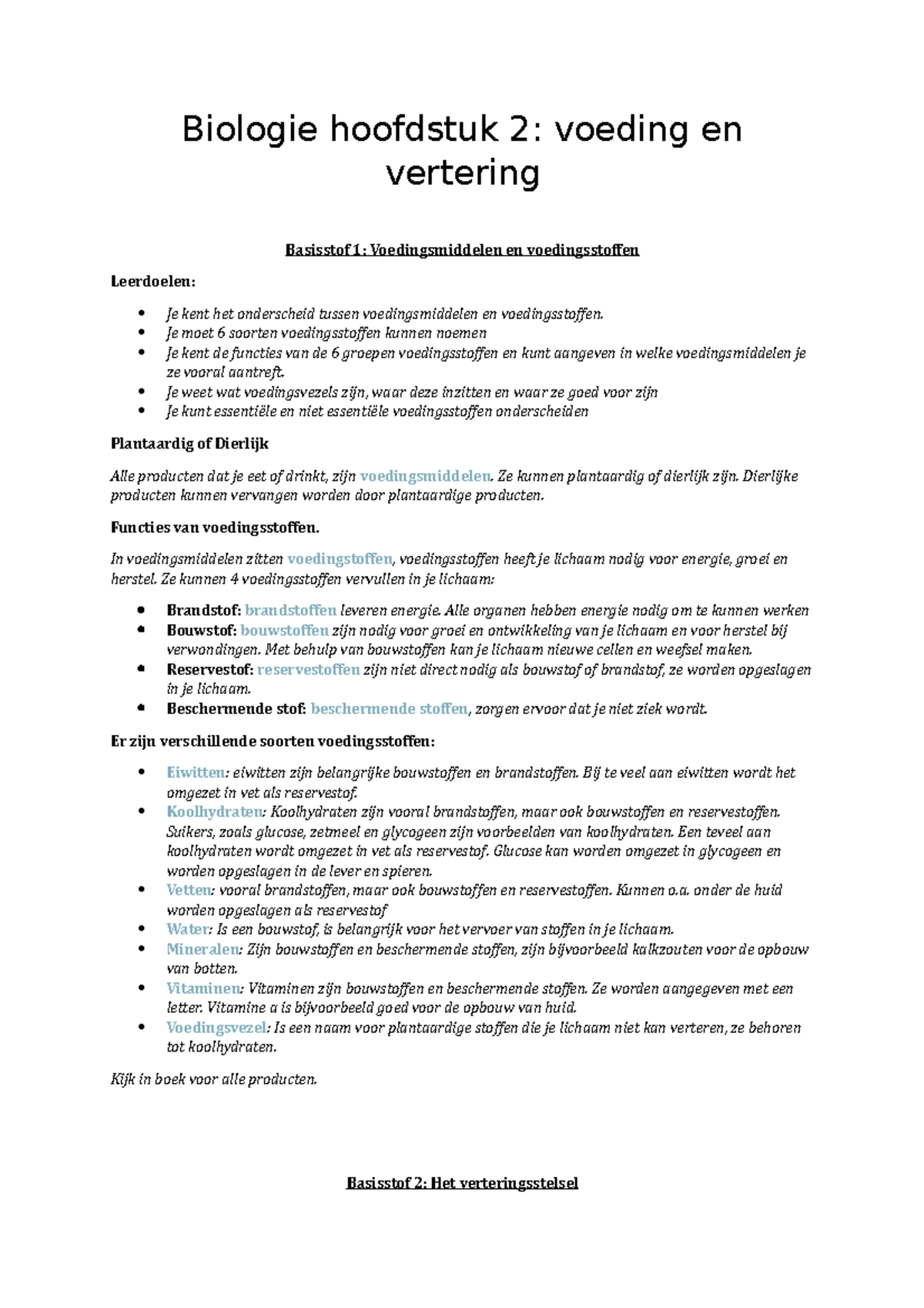 Samenvatting Biologie Hoofdstuk 2 - Biologie Hoofdstuk 2: Voeding En ...