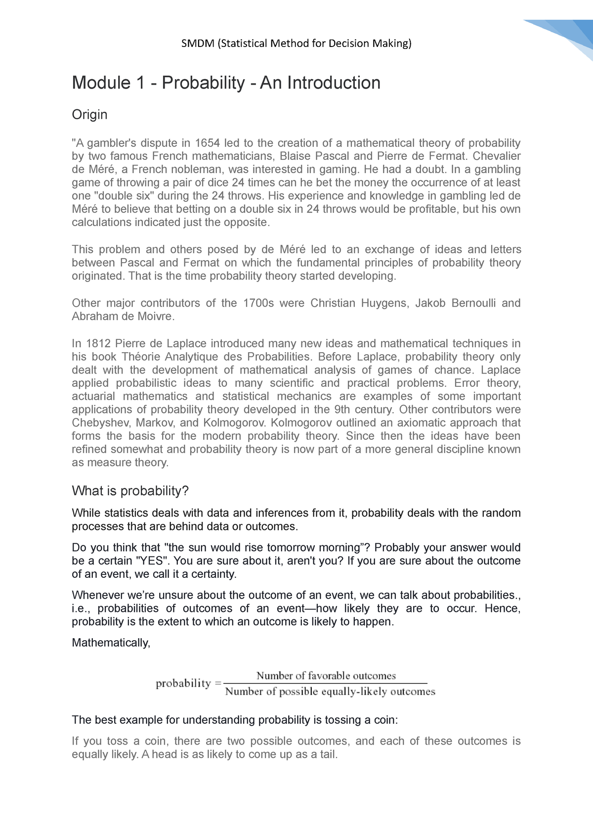 SMDM - Statistical Method For Decision Making - Module 1 - Probability ...