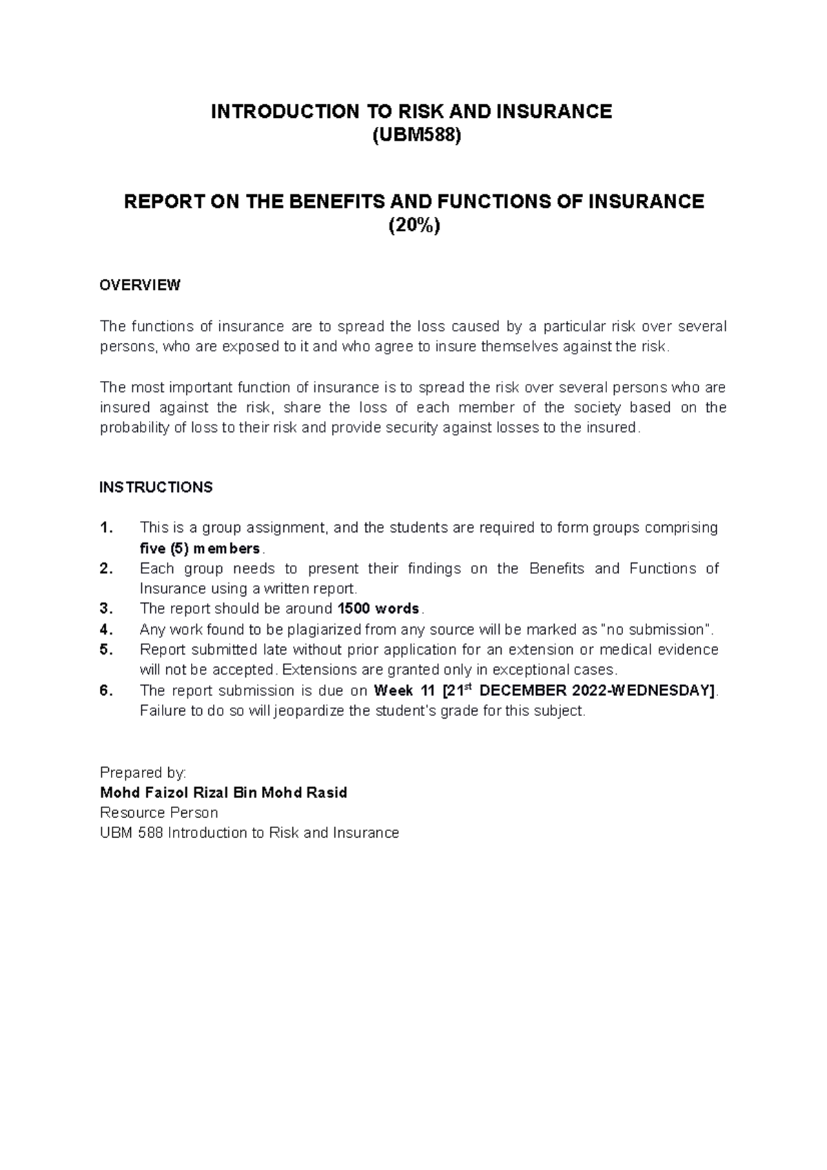 UBM588 Assignment 2 Guidelines - INTRODUCTION TO RISK AND INSURANCE ...