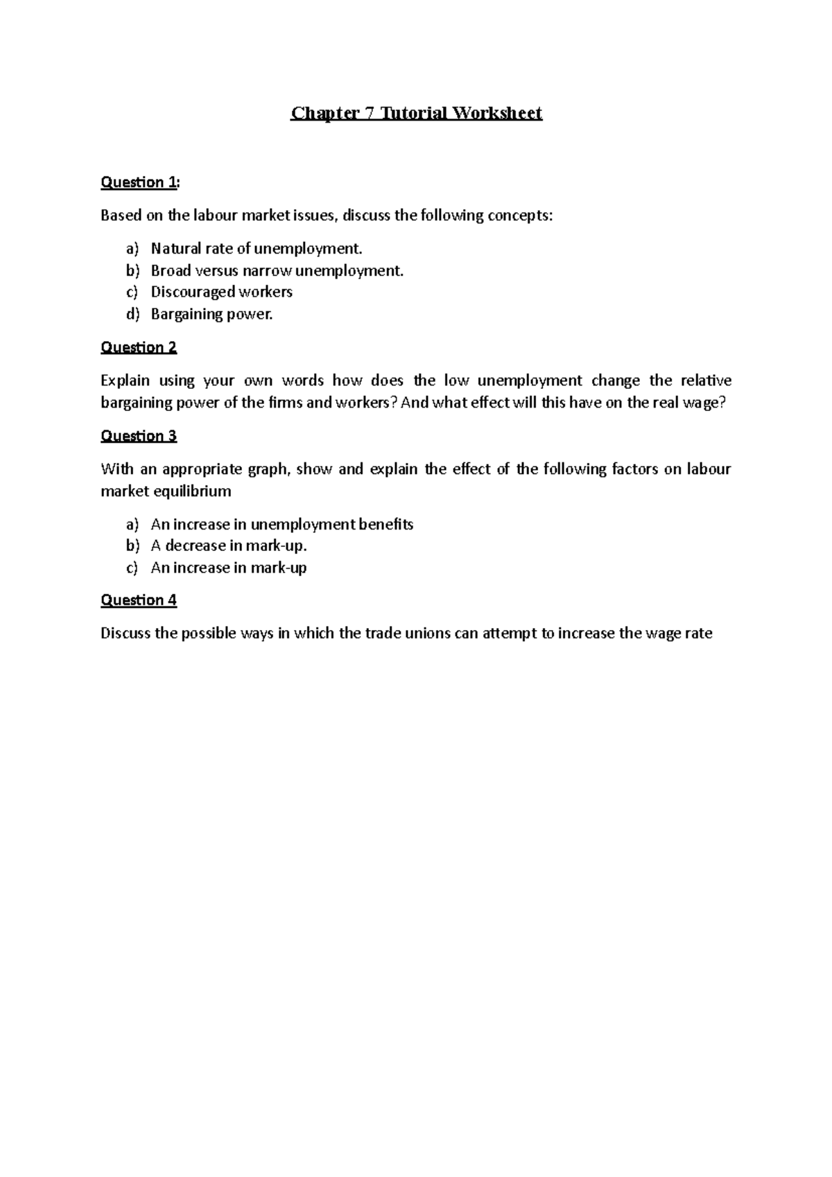 Chapter 7 Tutorial Worksheet - Chapter 7 Tutorial Worksheet Question 1 ...