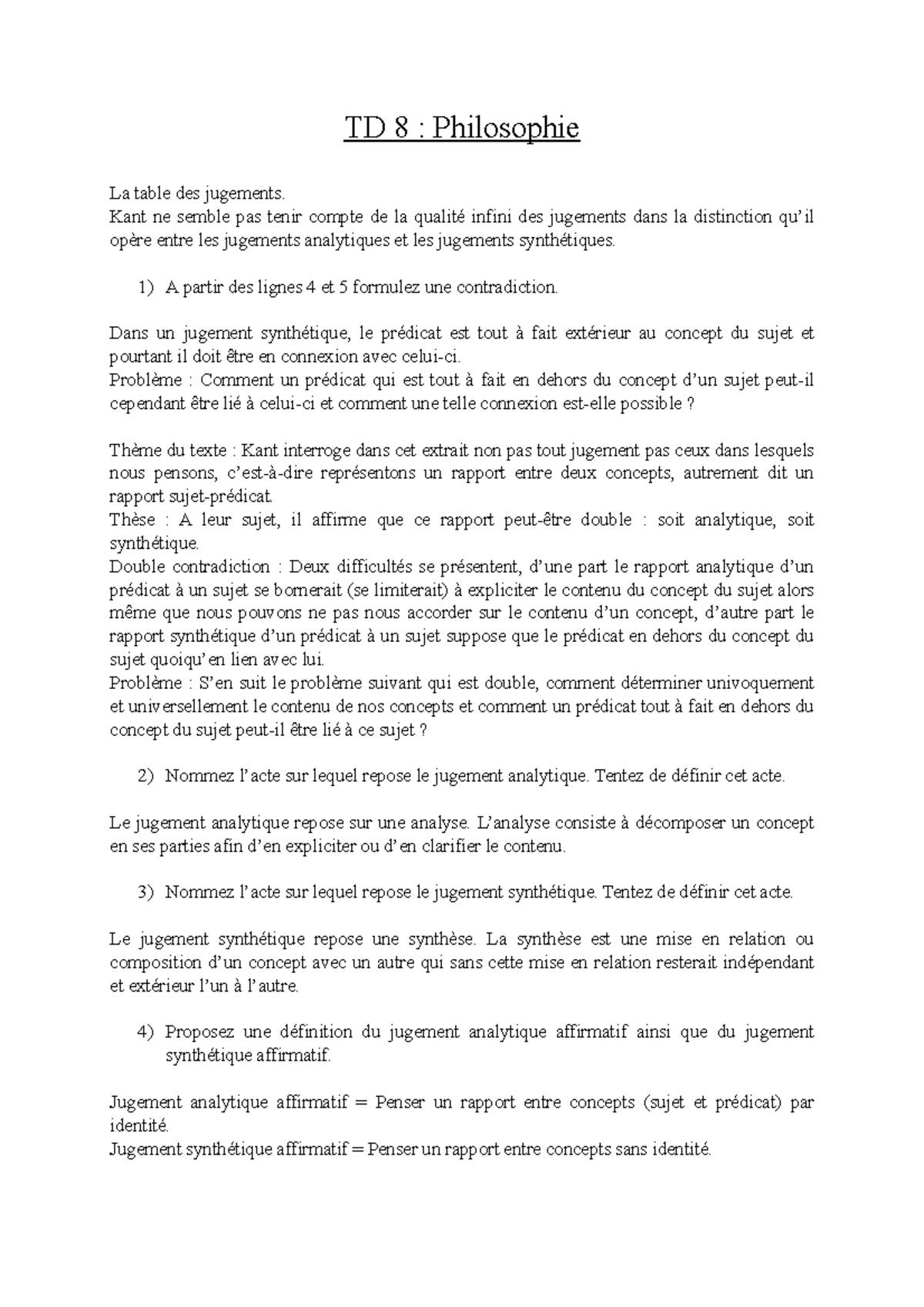 TD 8 La table des jugements TD 8 Philosophie La table des