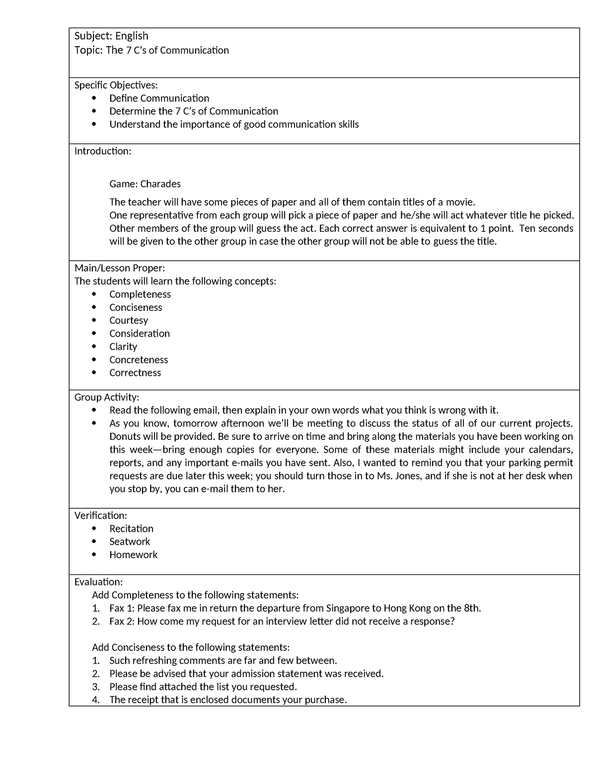 Seven Cs Lesson Plan - Subject: English Topic: The 7 C’s of ...