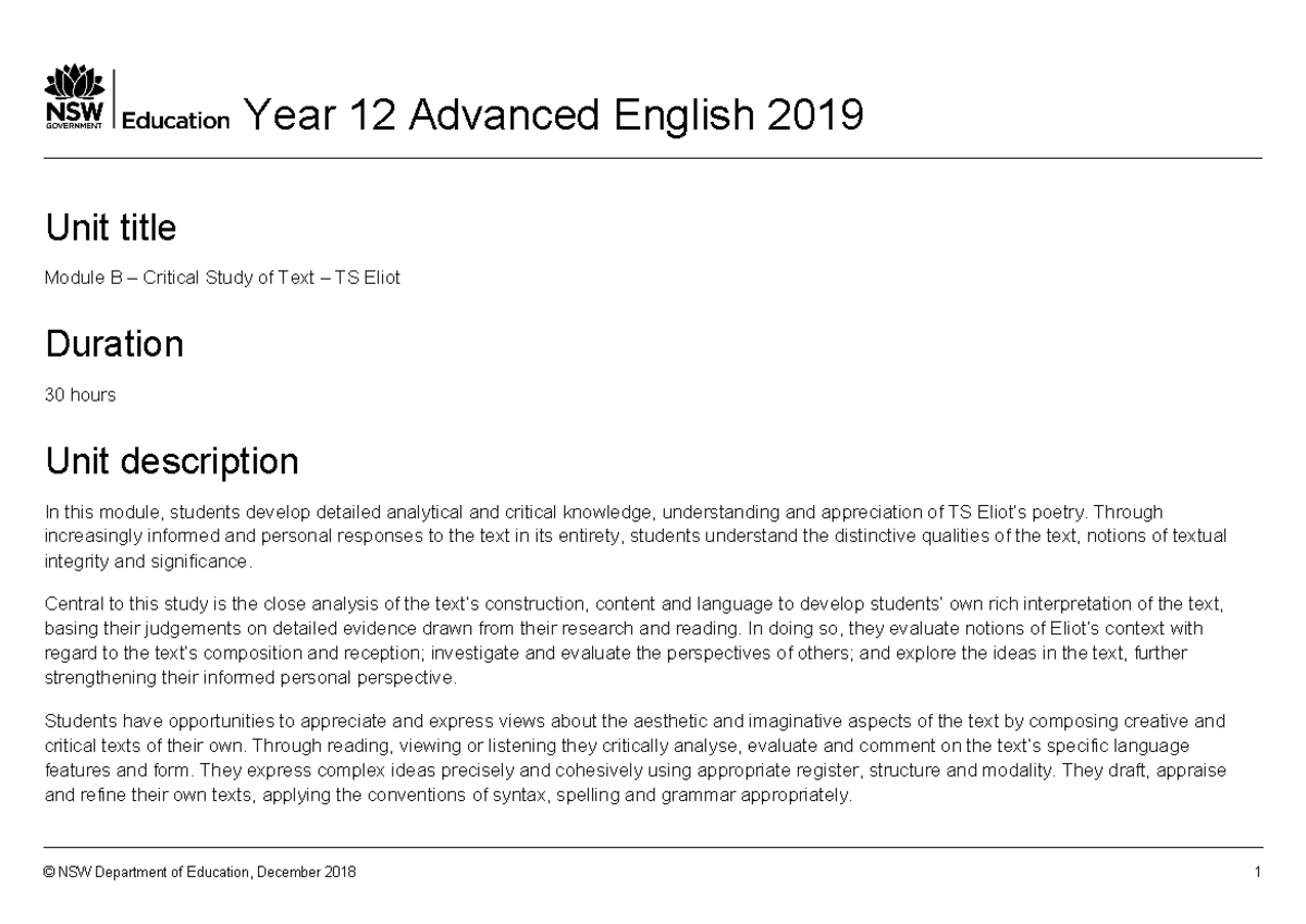 English Advanced Ts Eliot Unit Of Work Module B - Year 12 Advanced ...