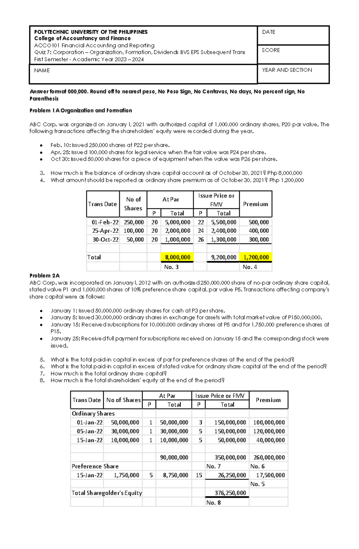 Corporation Formation and Subsequent Trans reviewer - Answer format 000 ...