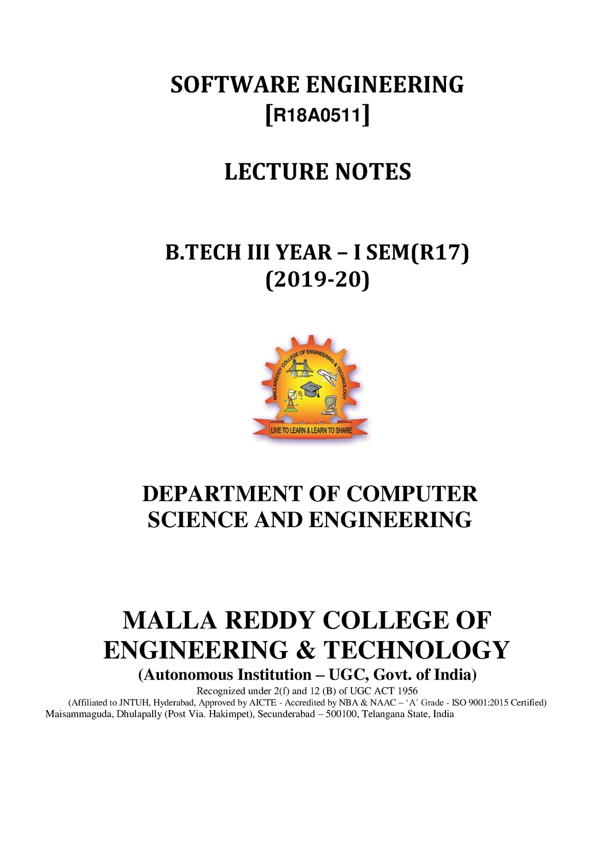 Software Engineering Notes - SOFTWARE ENGINEERING LECTURE NOTES B YEAR ...