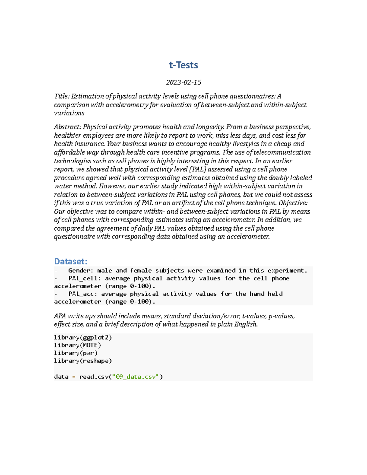 09 lab assignment 9 tTests 202302 Title Estimation of physical
