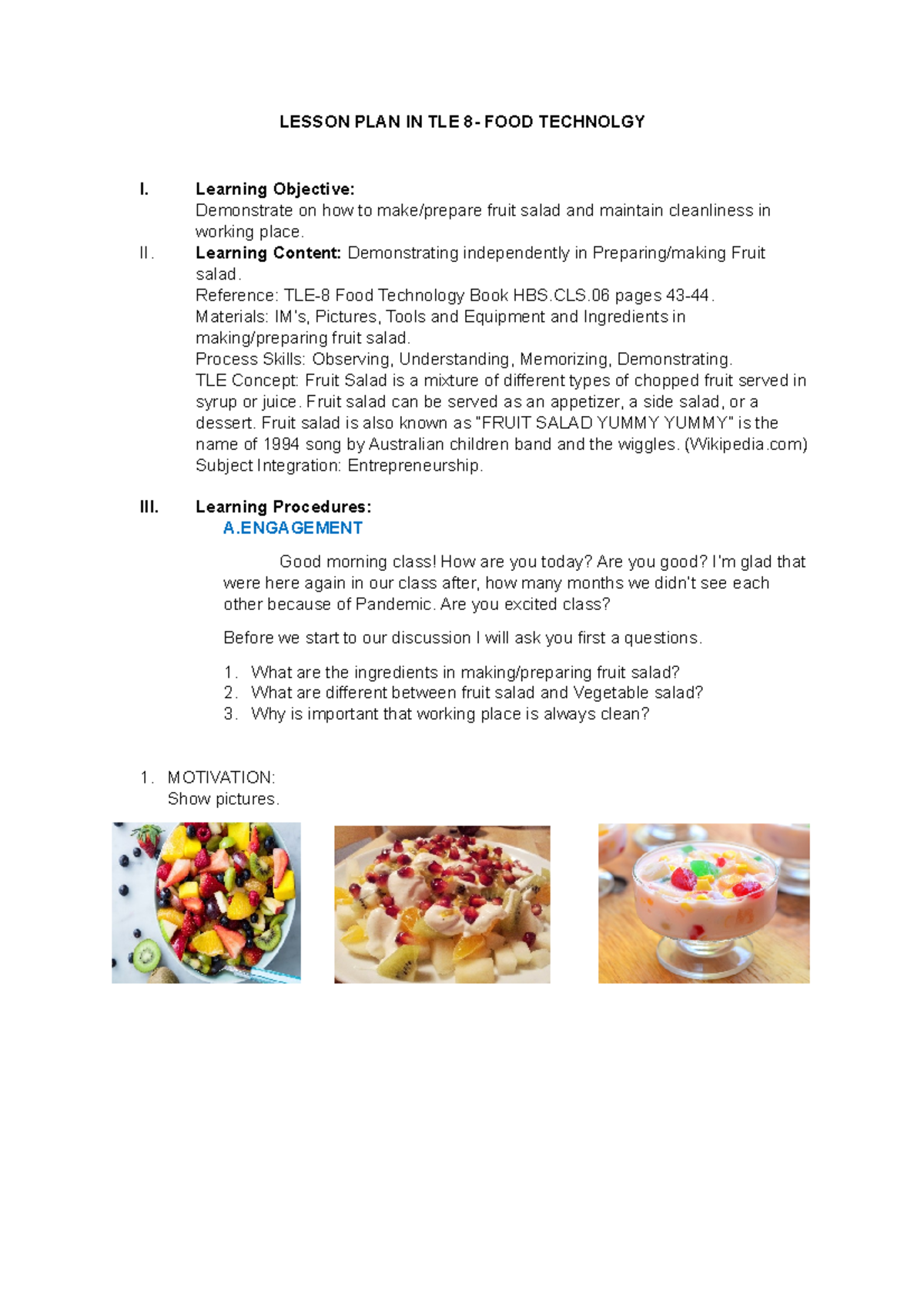 Lesson PLAN IN TLE 8 - This is a report from second year social studies ...