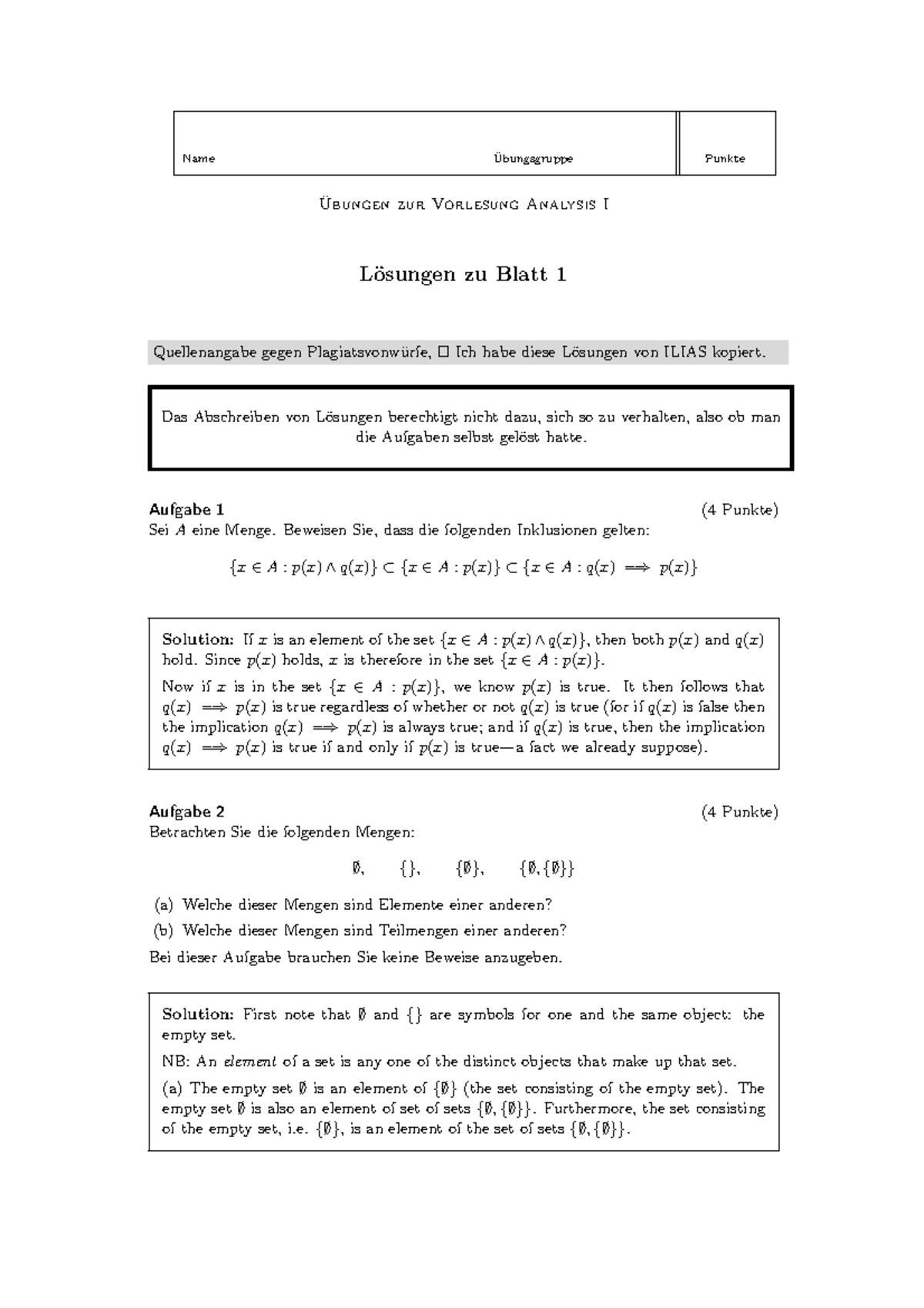 Lösungen Zu Blatt 1 Übungen Zur Vorlesung Analysis I Name Übungsgruppe Punkte Übungen Zur