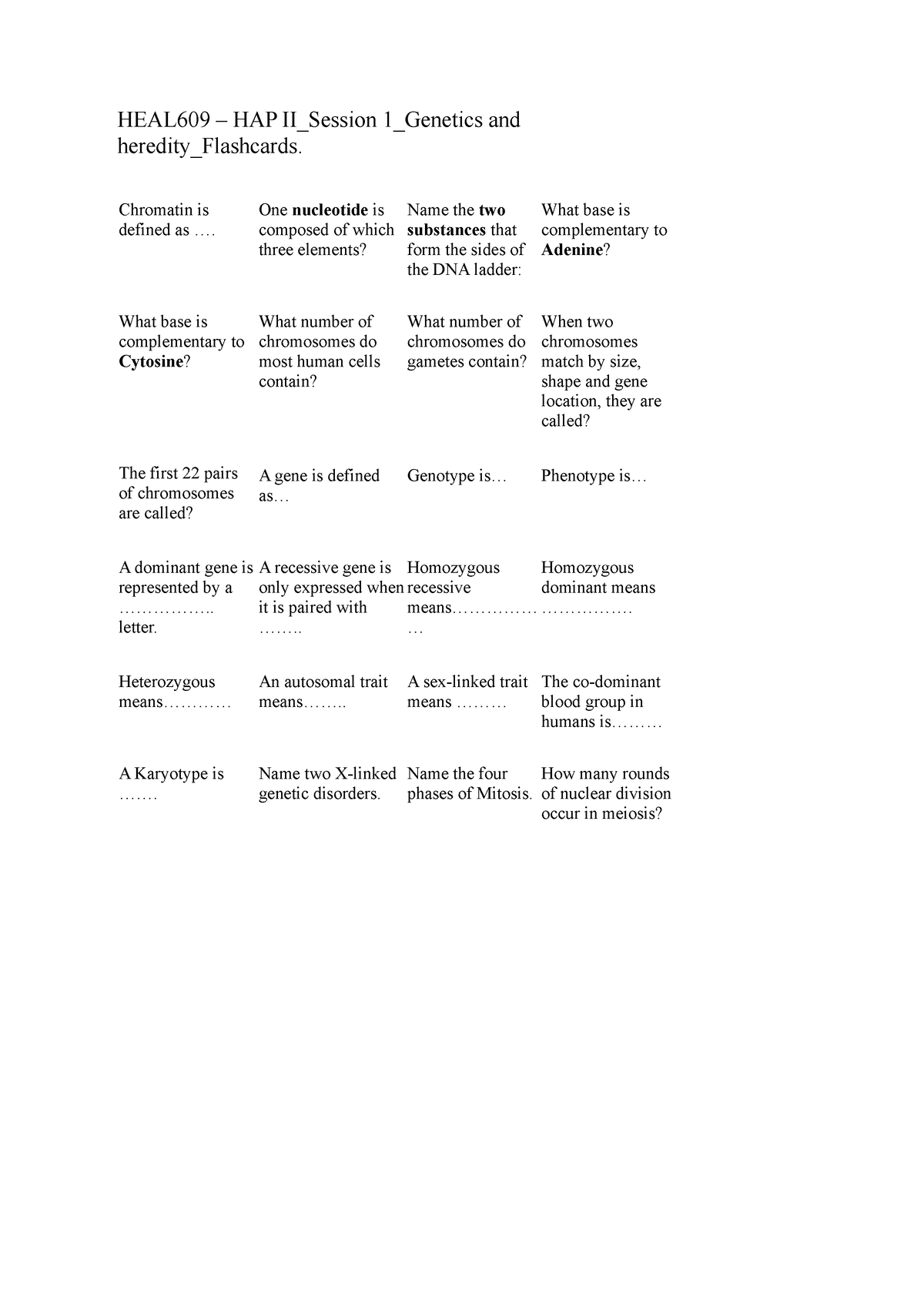 Flash Card - Heal609 – Hap Ii Session 1 Genetics And Heredity 