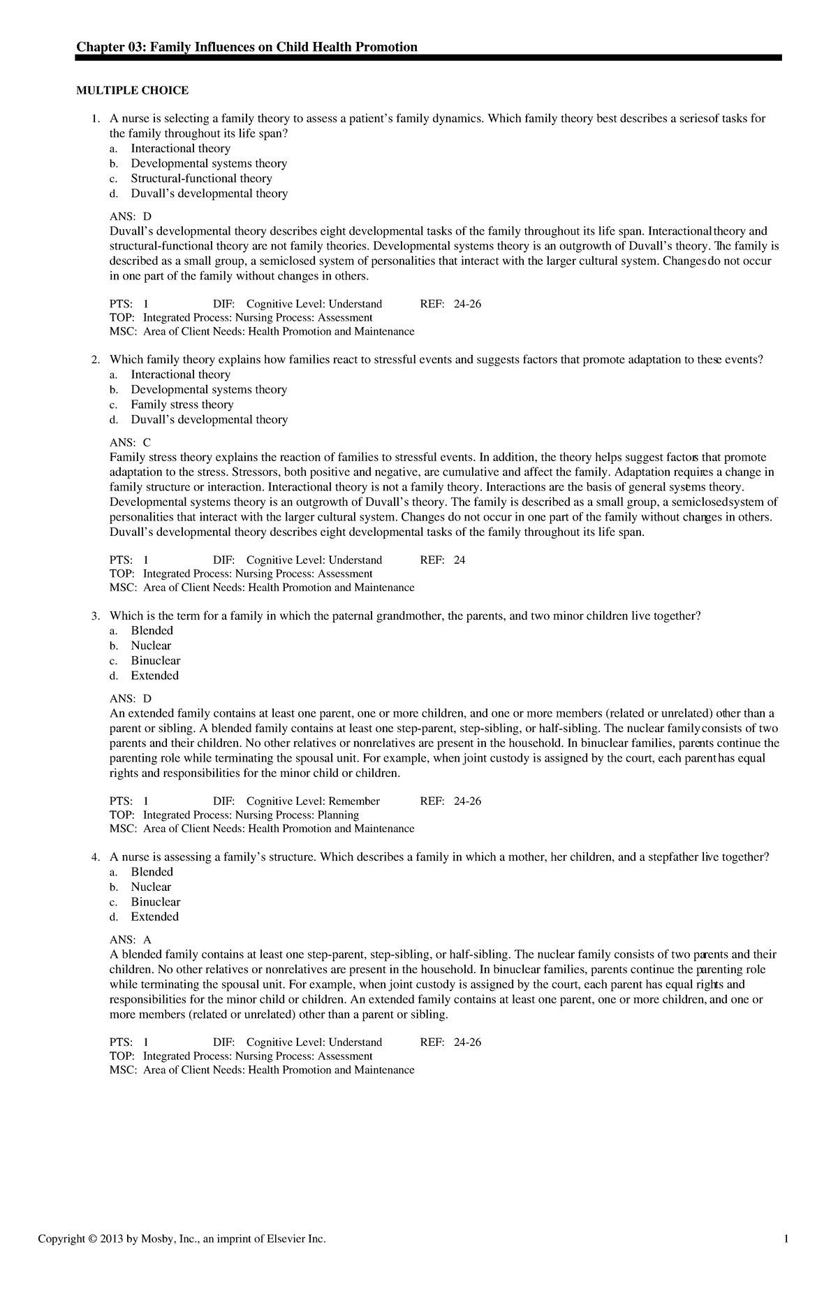 Exam View - Chapter 03 - Nursing Peds - Chapter 03: Family Influences ...