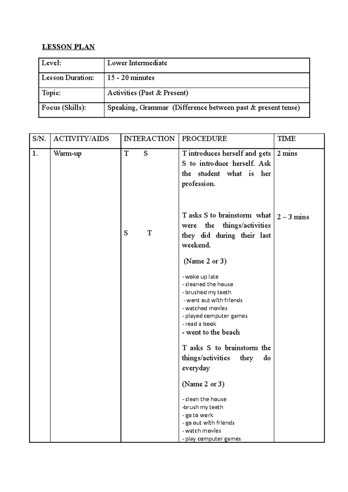 Lesson plan on grammar - Havent finished yet - LESSON PLAN Level: Lower ...