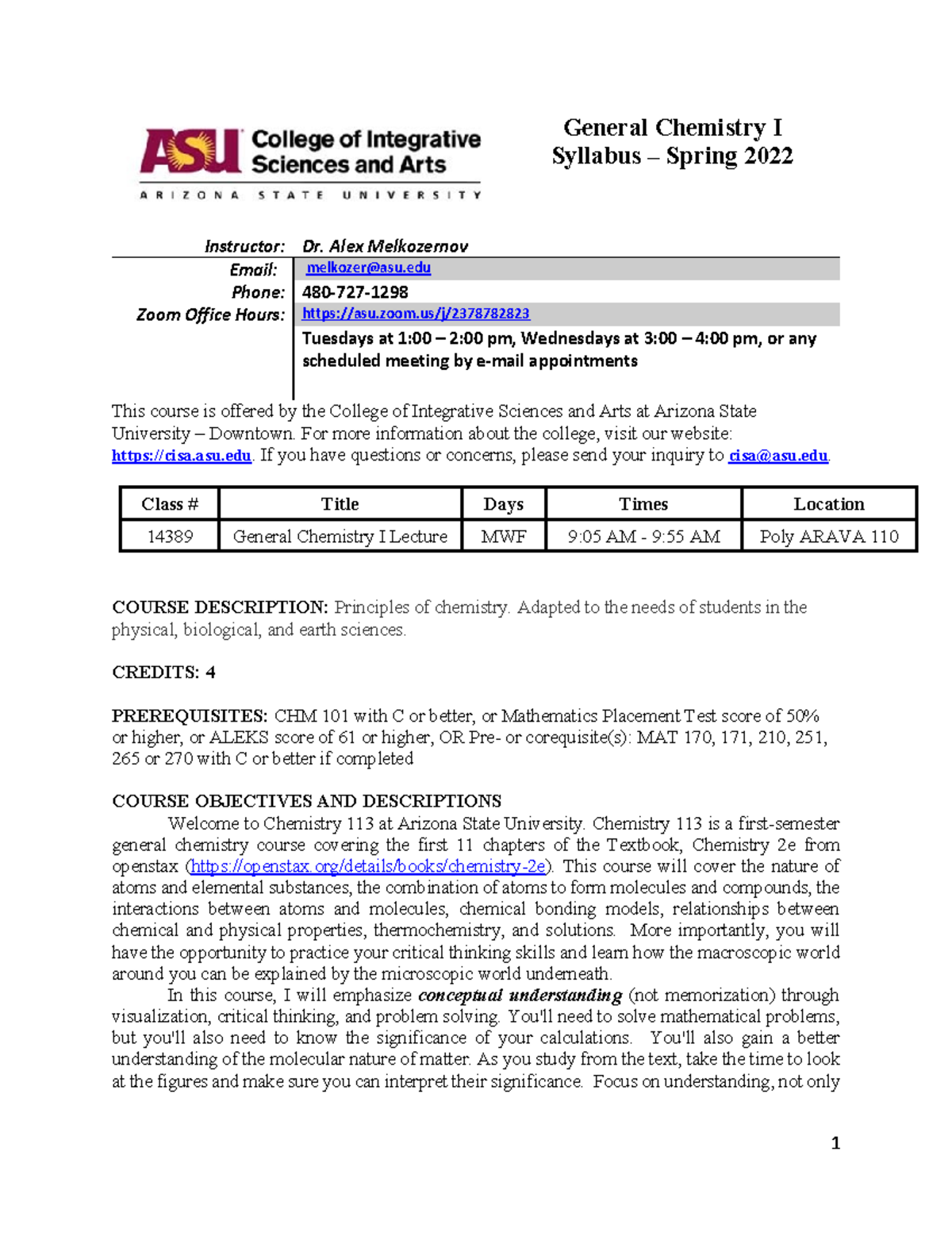 2022 CHM 113 Sylly - General Chemistry I Syllabus – Spring 2022 ...
