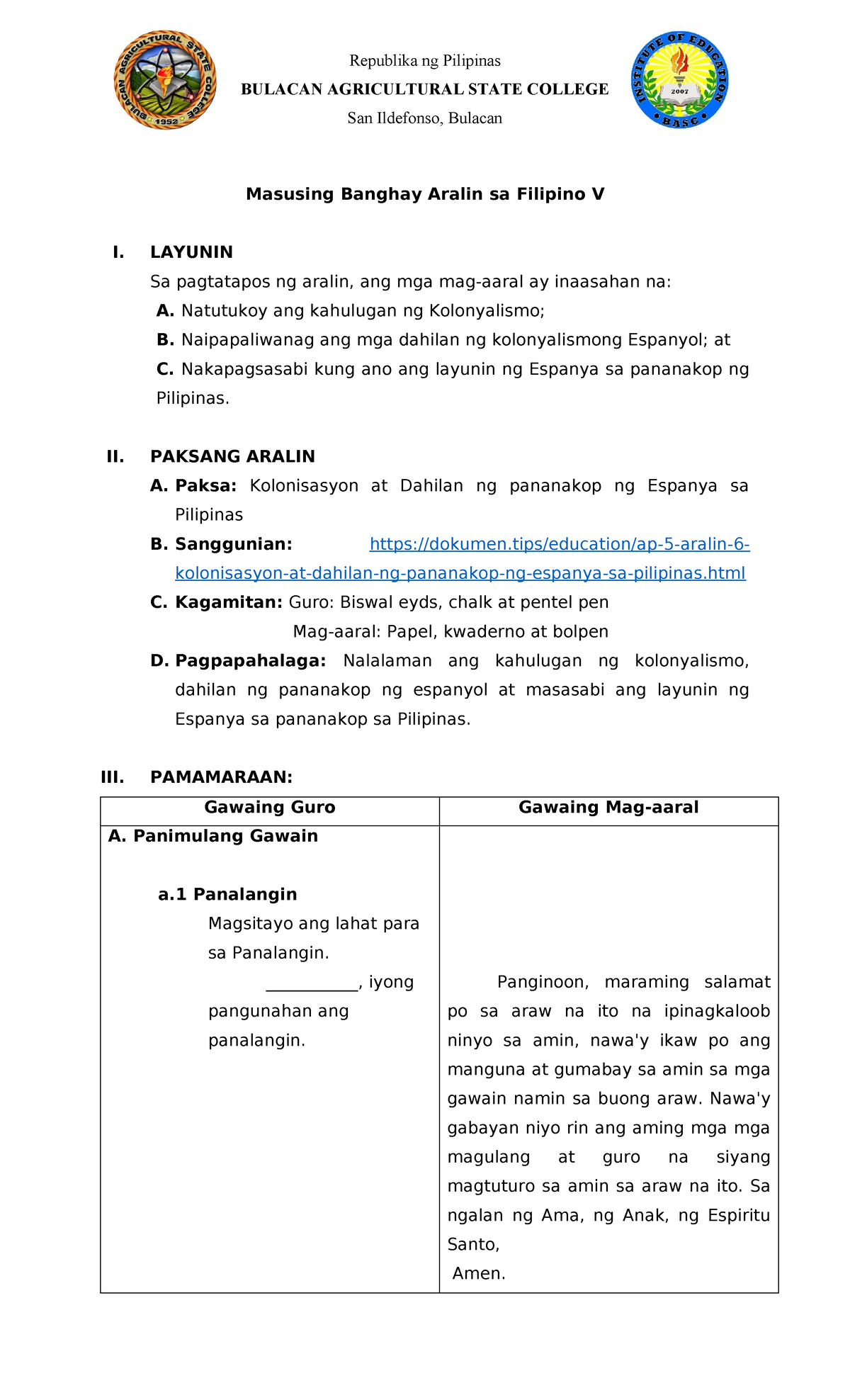 Masusing Banghay Aralin Sa Araling Panlipunan V Bulacan Agricultural