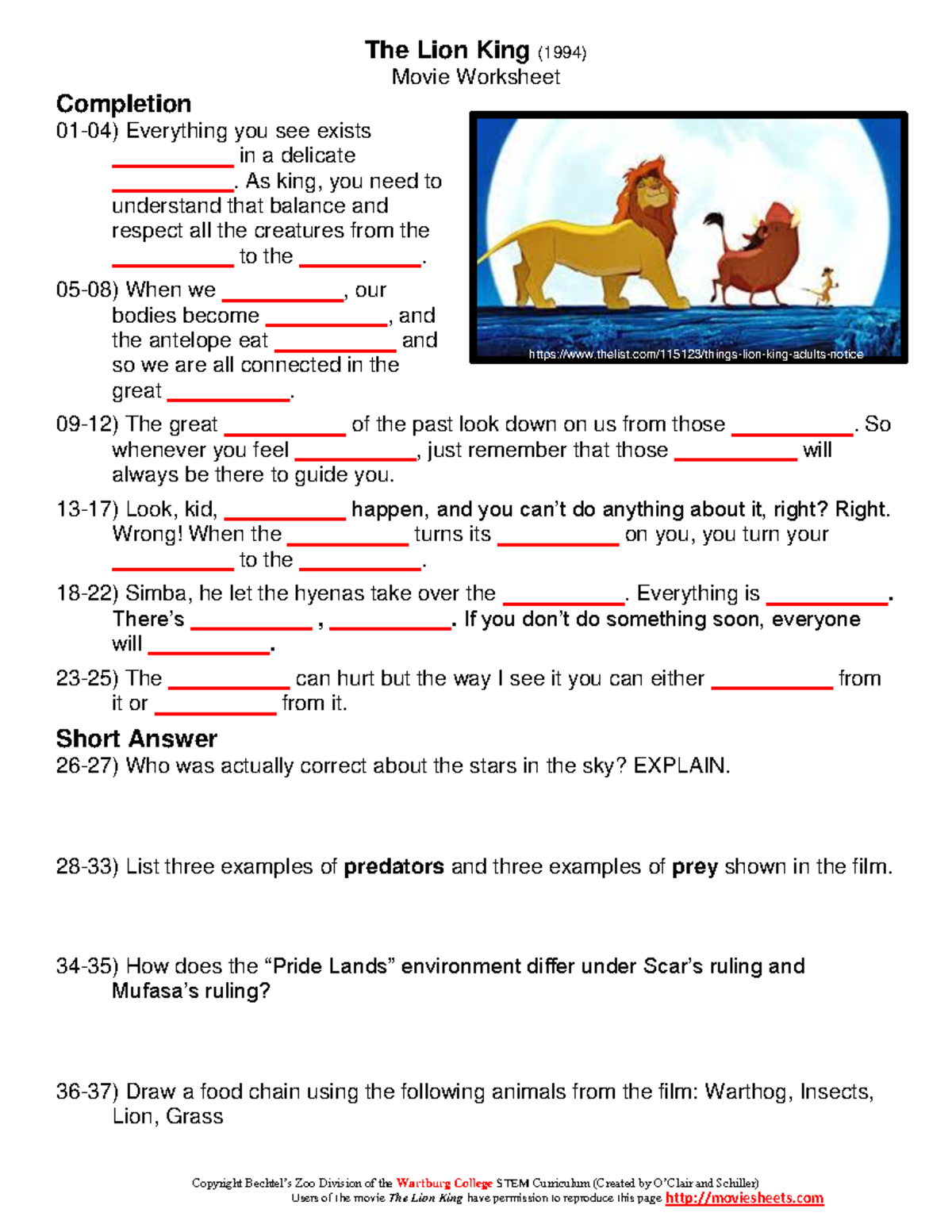 The Lion King Movie Sheet The Lion King (1994) Movie Worksheet Copyright Bechtel’s Zoo