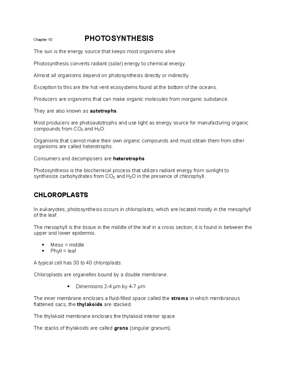 Chapter 10 - biology 101 lecture notes - Chapter 10 PHOTOSYNTHESIS The ...