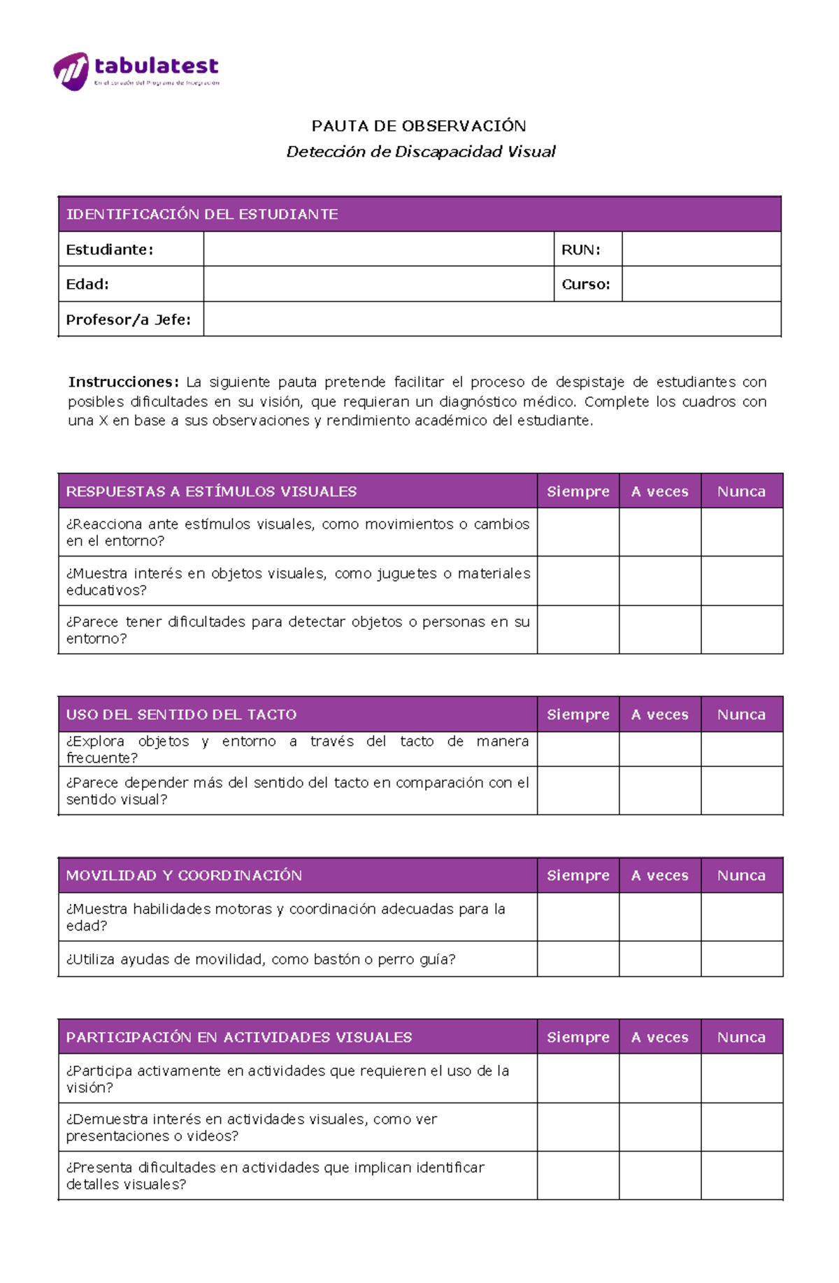 Visual - uiouo - PAUTA DE OBSERVACIÓN Detección de Discapacidad Visual ...