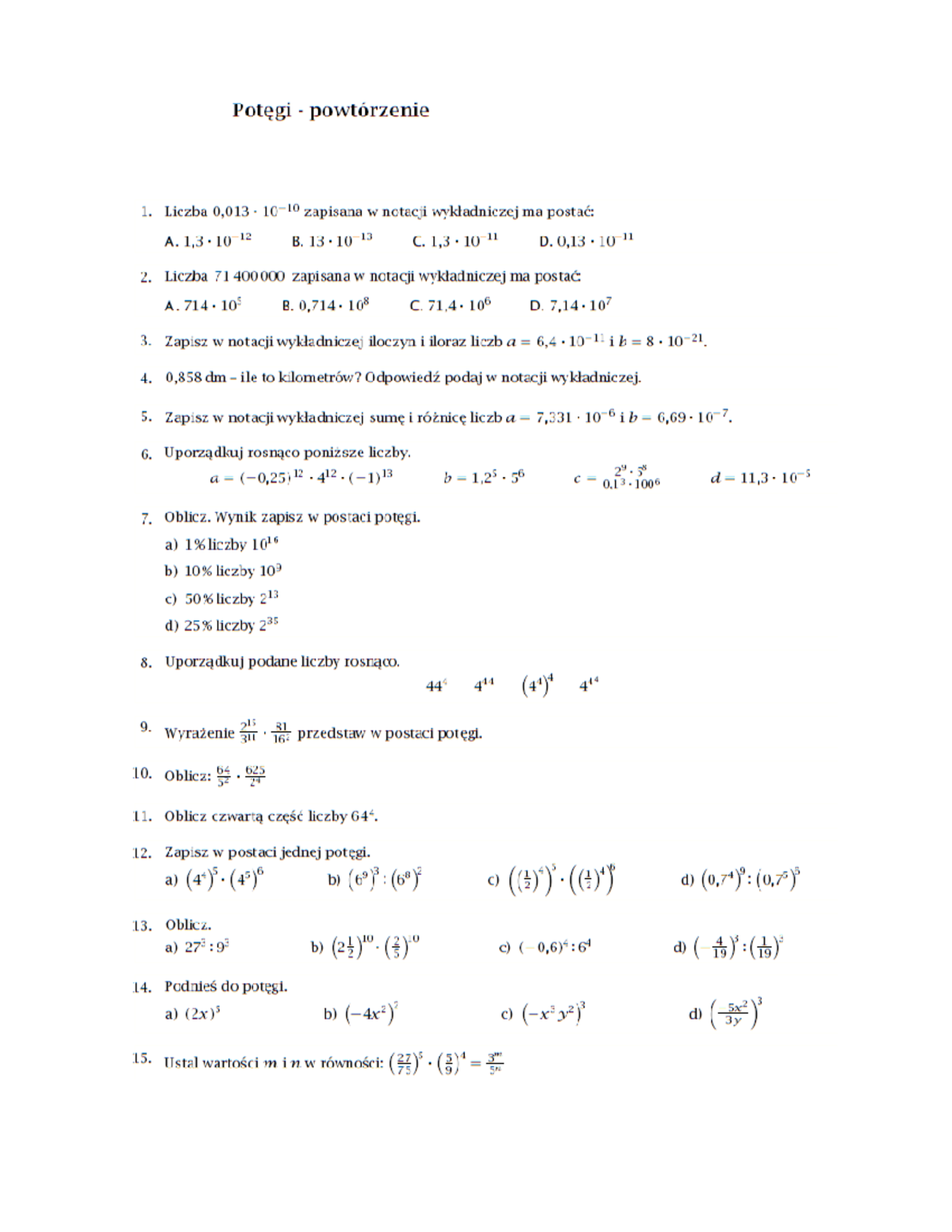 Potęgi Klasa 7 Sprawdzian Profesor www.studocu.com