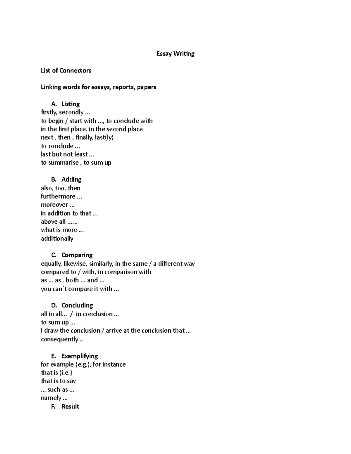 Listofconnectors Notes de cours 1 Essay Writing List of