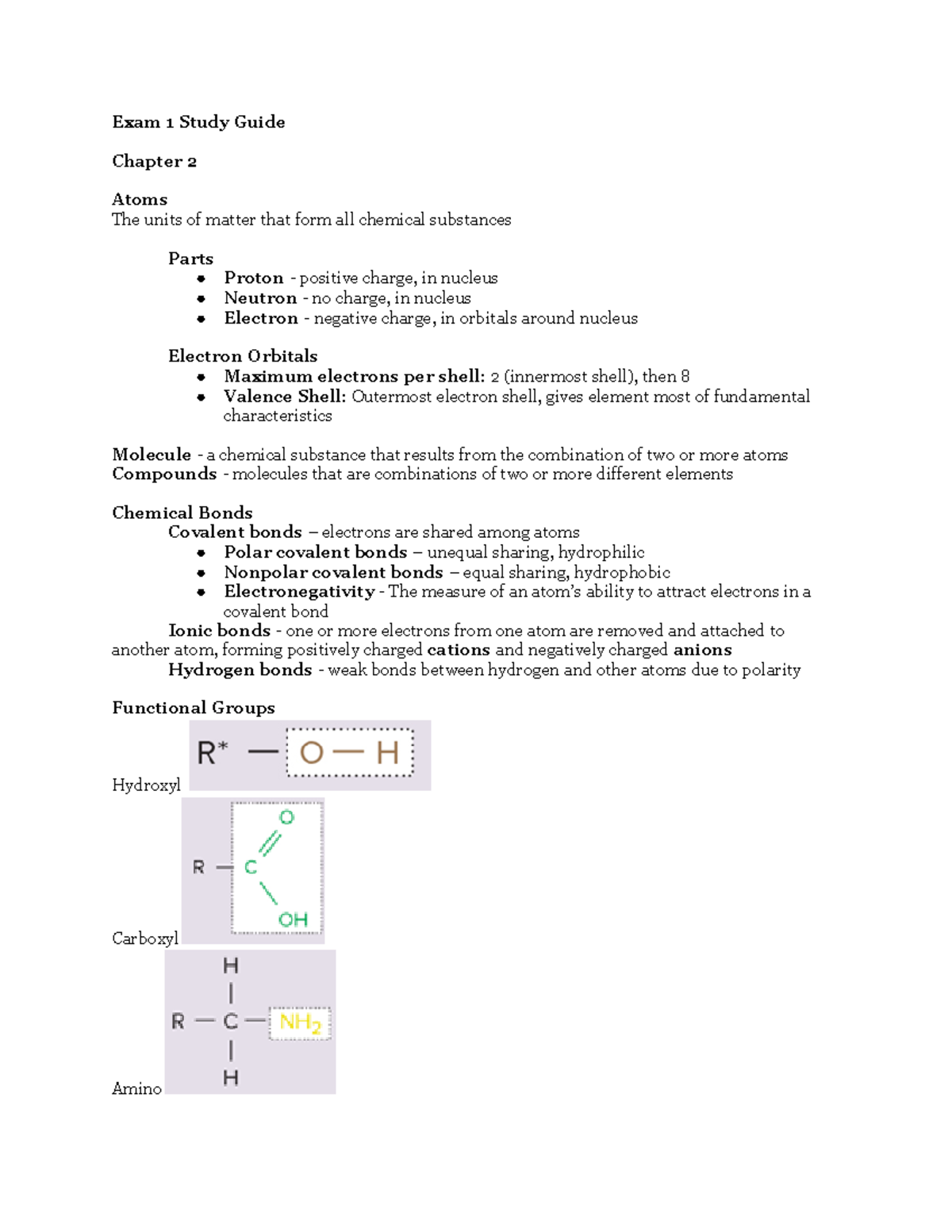 Exam 1 Study Guide - exam 1 qs - Exam 1 Study Guide Chapter 2 Atoms The ...