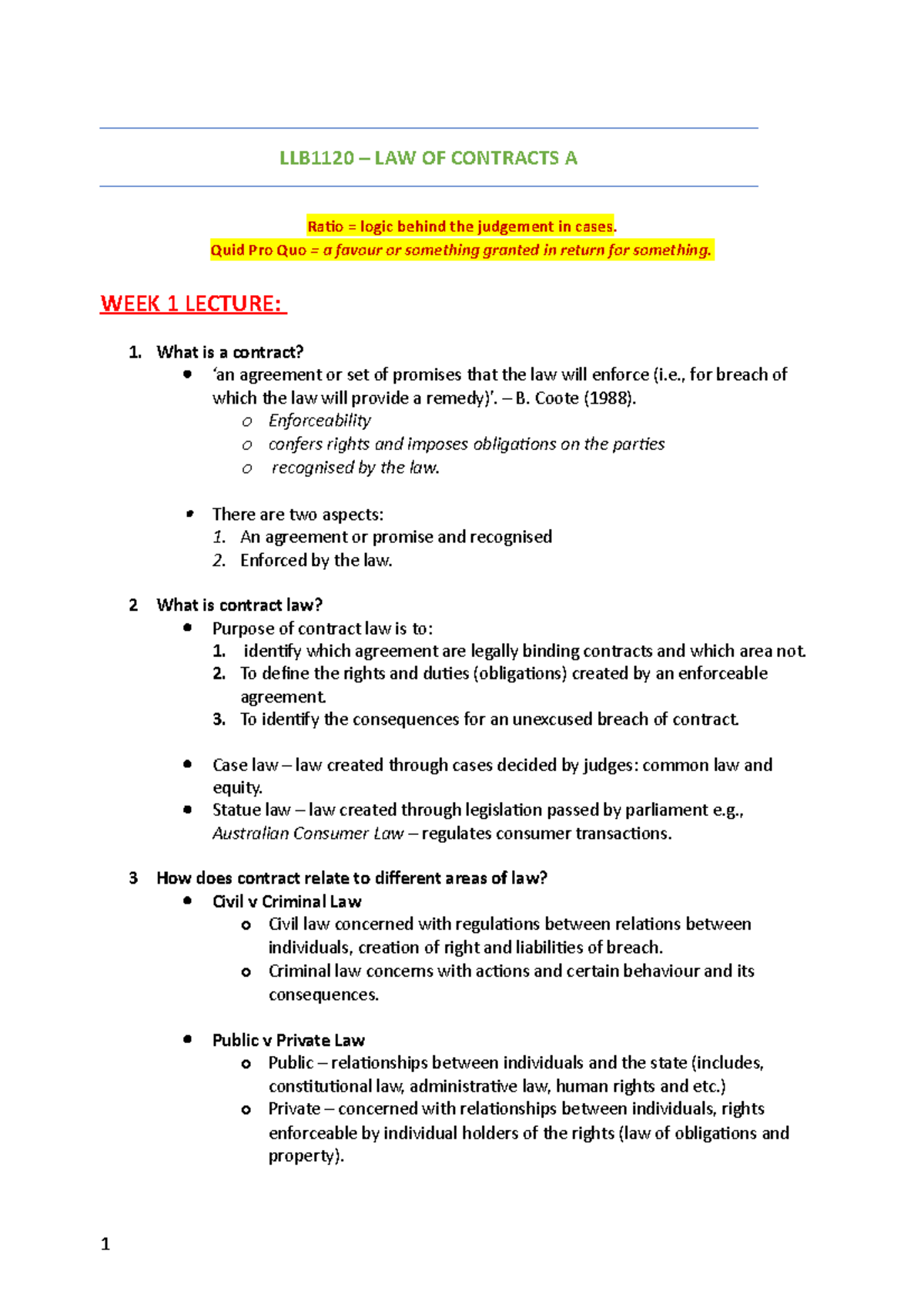 Contract A - Lecture notes Sem 1 complete notes - LLB1120 – LAW OF ...