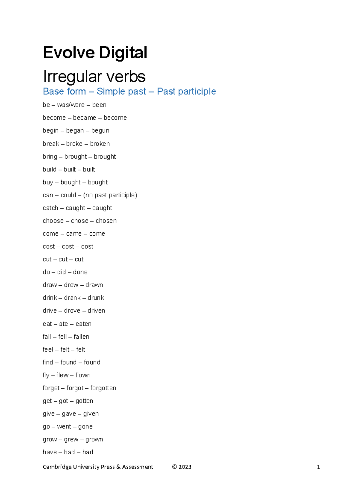 Evolve Digital Level 5 Irregular verbs list - Evolve Digital Irregular ...