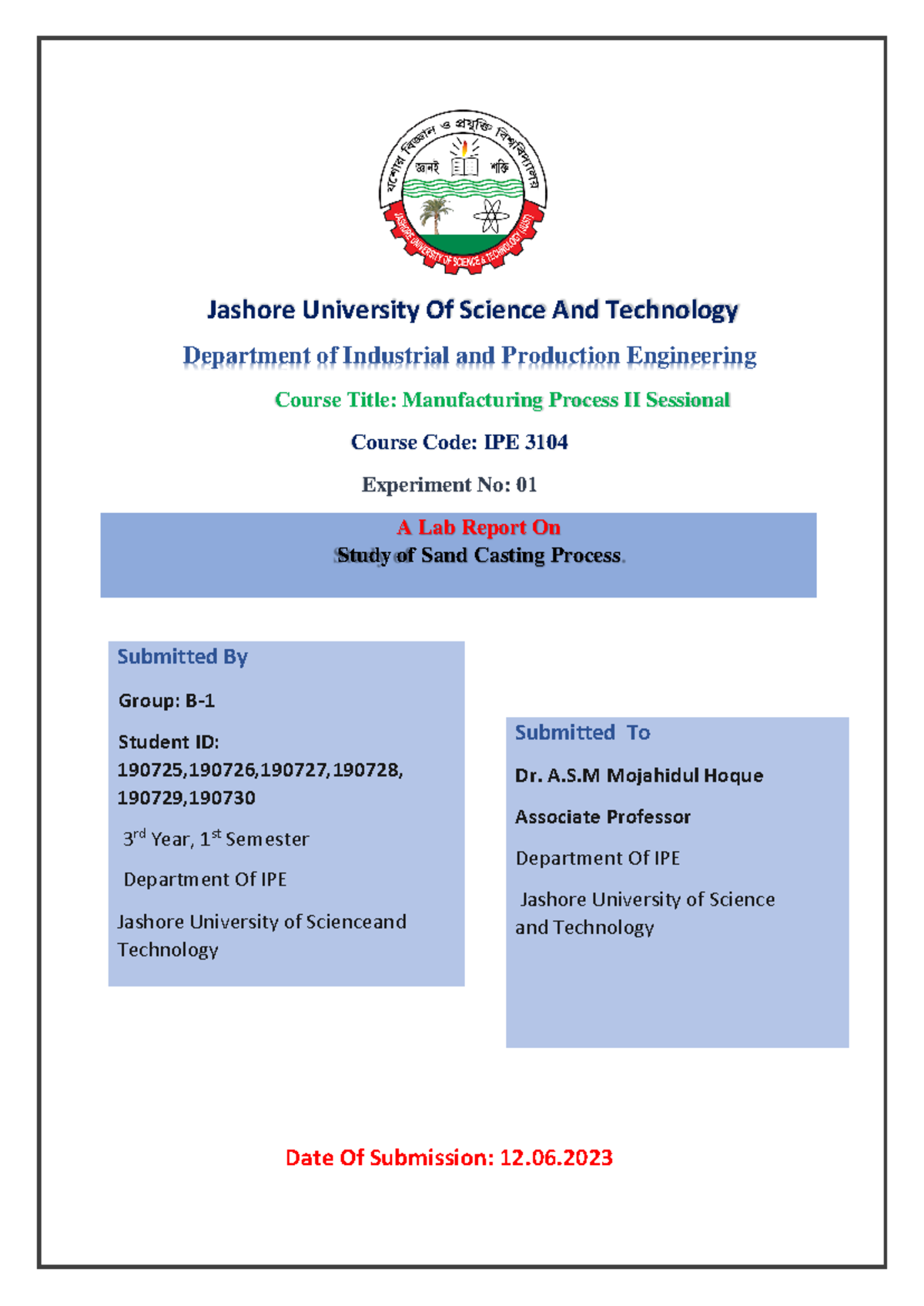 Sand Casting b1 - Jashore University Of Science And Technology Course ...